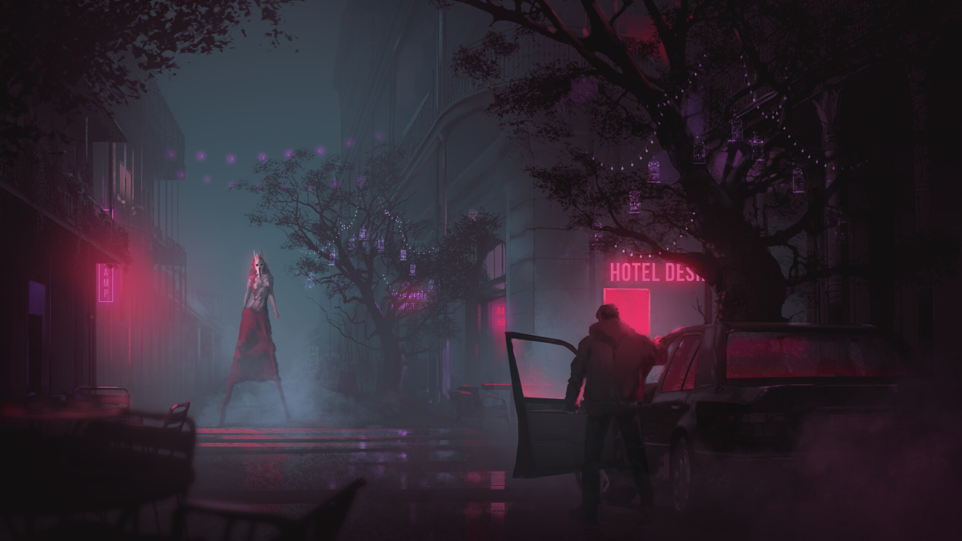 a digital art illustration of a dark and mysterious city street at night, with neon signs glowing in the fog. a tall, slender figure with a mask stands in the street, as if it was coming out of nowhere. a car is parked near a hotel, with the door opened as if someone just got out. the overall atmosphere is very eerie and unsettling, and creates a sense of foreboding.