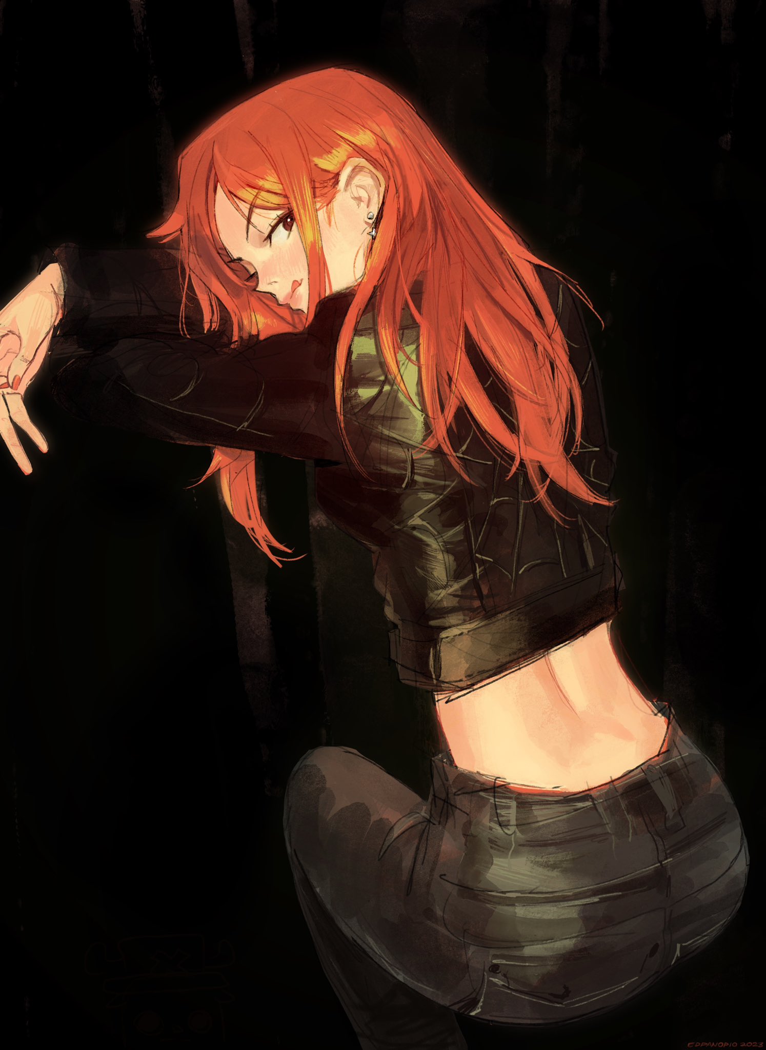 the image is a digital painting or illustration in an anime/manga style. it depicts a young woman with long, vibrant orange hair. she's wearing a darkcolored leather jacket and jeans, with her midriff exposed.  the pose is dynamic, with the woman turned away from the viewer, looking over her shoulder. the background is dark and shadowy, contrasting with the bright coloring of her hair. the overall style is somewhat loose and painterly, with visible brushstrokes. the lighting highlights the woman's hair and figure, creating a sense of movement and energy.  the overall mood is stylish and slightly edgy.
