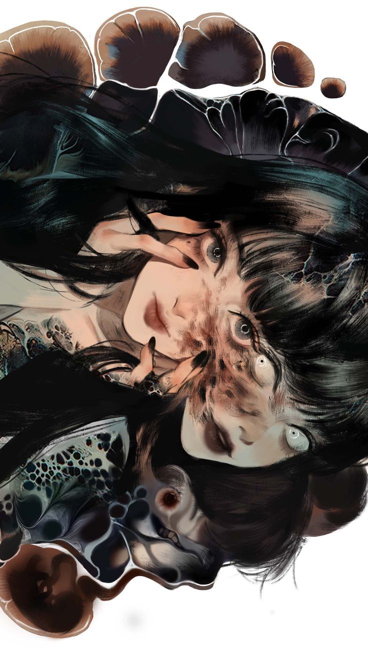 the image is a digital painting or illustration in an anime/manga style. it depicts a young woman with long black hair, bangs covering part of her forehead, and striking eyes. her face seems to be partially merging or overlapping with another, more monstrous or decayed face. the overall tone is dark, mysterious, and slightly unsettling. the background consists of abstract dark blobs and swirls that complement the overall aesthetic. the artwork uses a combination of realistic and surreal elements, creating a visually striking and thoughtprovoking piece.