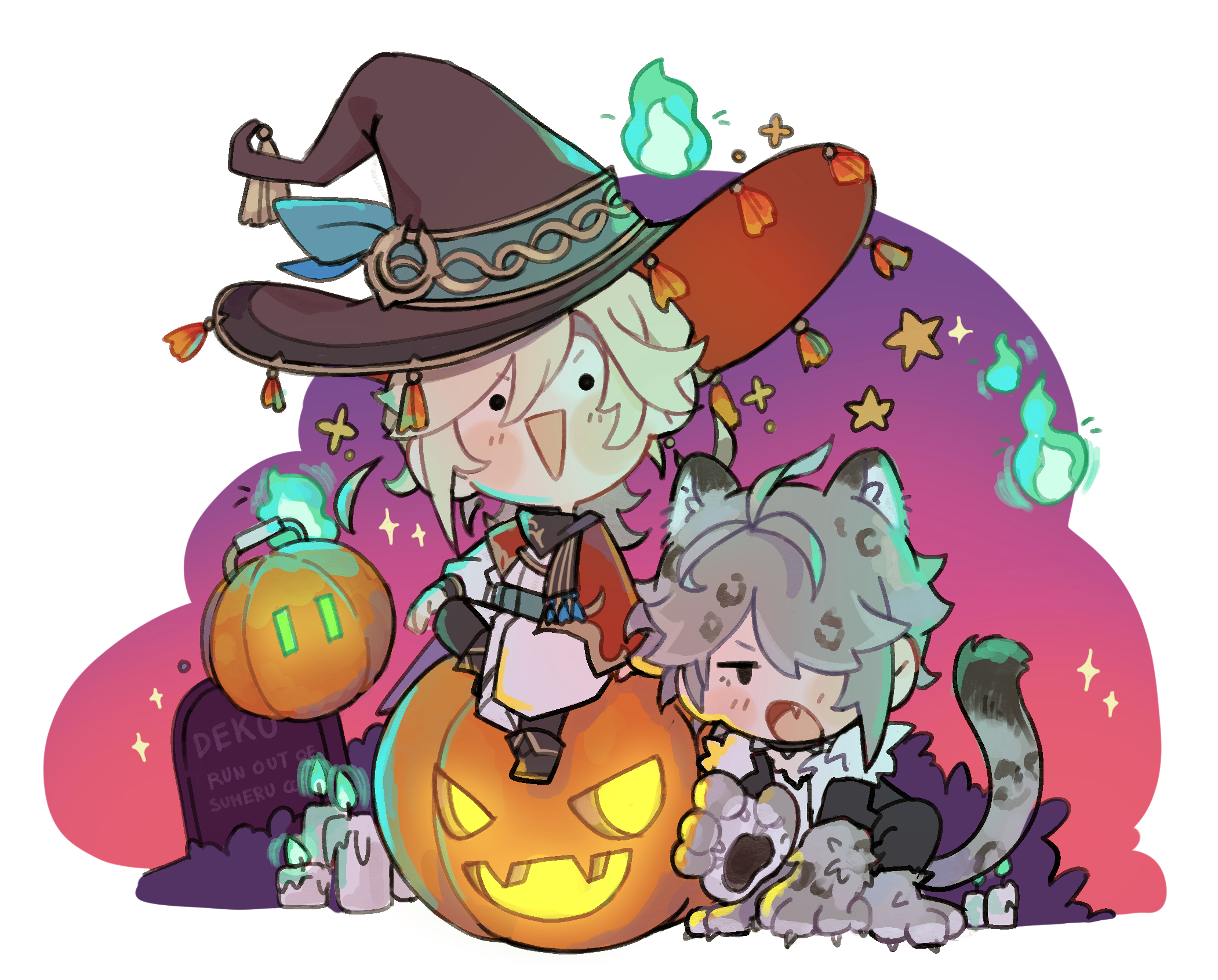 this is a digital illustration featuring chibistyle versions of albedo and xiao from the game genshin impact dressed up for halloween. albedo is depicted as a witch wearing a large, pointed hat, while xiao is dressed in a cat costume.  they are perched on a large, carved pumpkin which is lit up with a jacko'lantern face. there are also small ghost flames, candles and a small gravestone with the name "deku" written on it in the background, adding to the halloween atmosphere. the overall style is cute and playful.