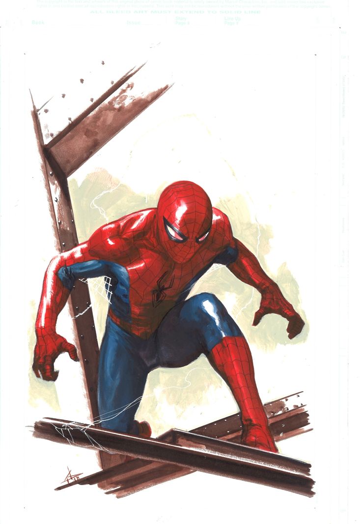 a digital illustration of spiderman in his classic red and blue suit. he is shown in action, crouching and swinging his webshooters, with his back against a metal beam.