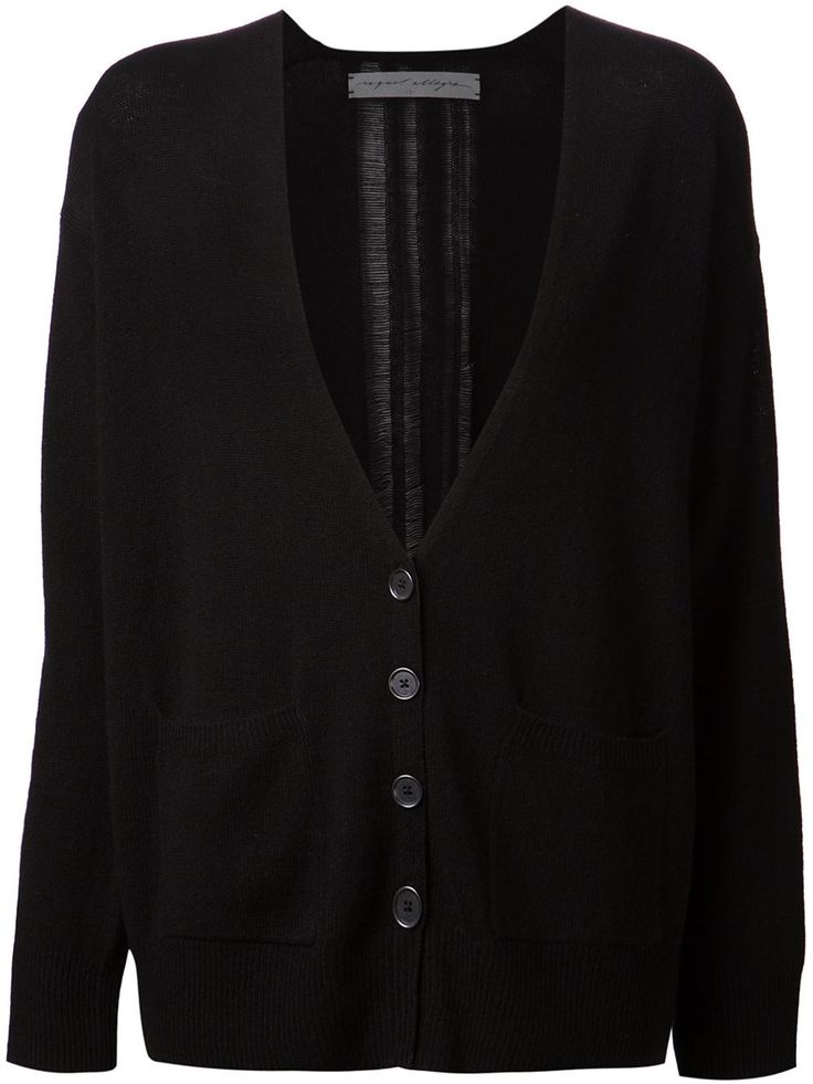a black, vneck cardigan with buttons and pockets is displayed.