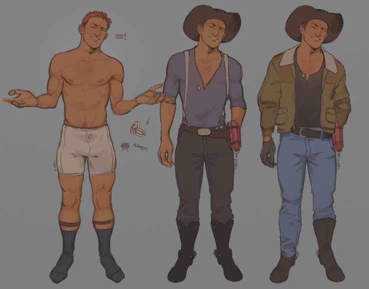 this image shows three men, two in cowboy hats and one with a muscular physique, wearing underwear. they are all standing in a line, facing the viewer. the man on the left is wearing white underwear, a pair of socks and boots and is flexing his muscles, the middle man is wearing a purple shirt, a vest and jeans, and the man on the right is wearing a brown jacket, jeans and a hat.
