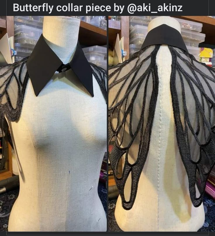 the image shows a butterfly collar piece by @aki_akinz displayed on a mannequin. the collar is black and has a classic pointed shape in the front. attached to the collar are delicate lace or mesh butterfly wings that extend down the back and partially cover the shoulders. the wings have intricate detailing that resembles the veins and patterns found on real butterfly wings.