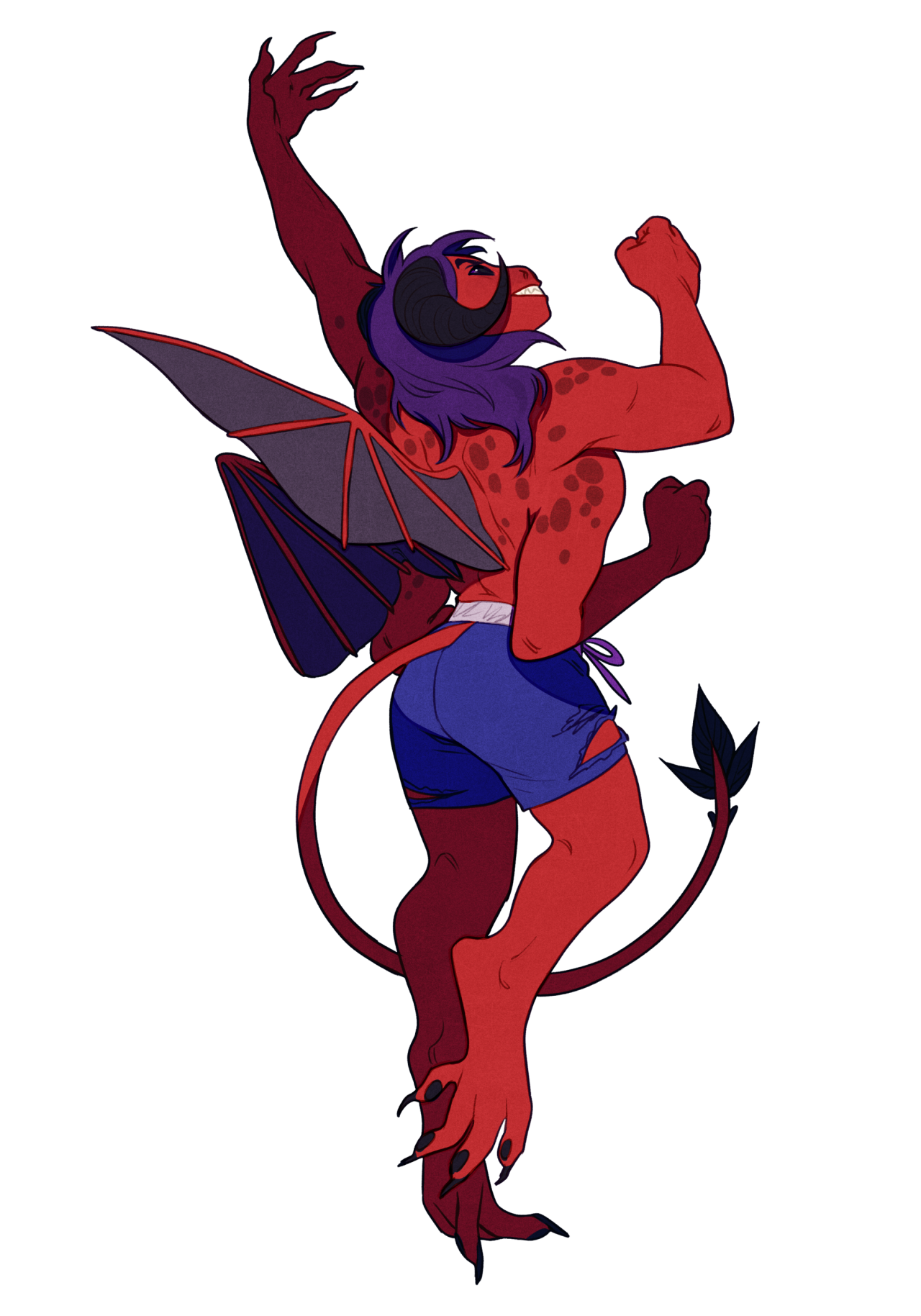 a redskinned demon with purple hair, black horns, and black wings flexes their muscles while looking upward.  they are wearing a pair of blue shorts.  the image appears to be a character design or concept.