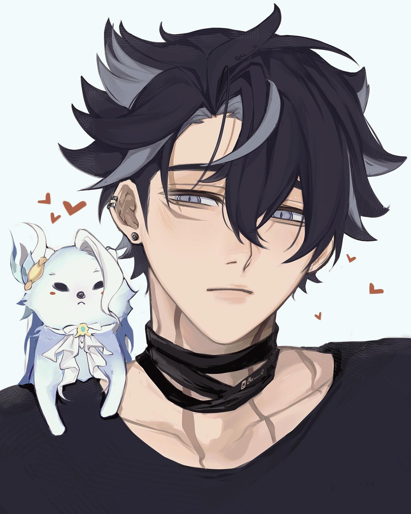 a headandshoulders portrait of an animestyle male character with black and silver hair, purple eyes, and an earring. he is wearing a black choker and a dark shirt.  a small, white, winged creature with horns sits on his shoulder, seemingly emanating hearts. the background is plain white. the overall style is soft and slightly stylized.