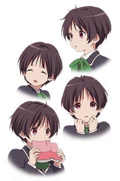a digital drawing of an anime girl with various facial expressions. she is wearing a black and white school uniform with a green bow tie. her hair is short and brown, and her eyes are brown. the background is white.
