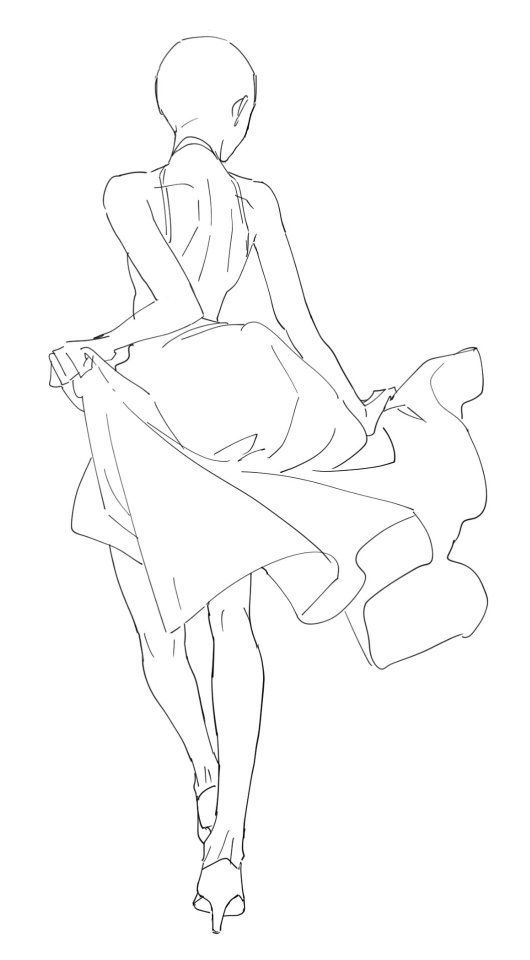 a line art sketch of a woman in a dress and heels, walking away from the viewer. the sketch is detailed and shows the flow of the woman's dress and the movement of her body.