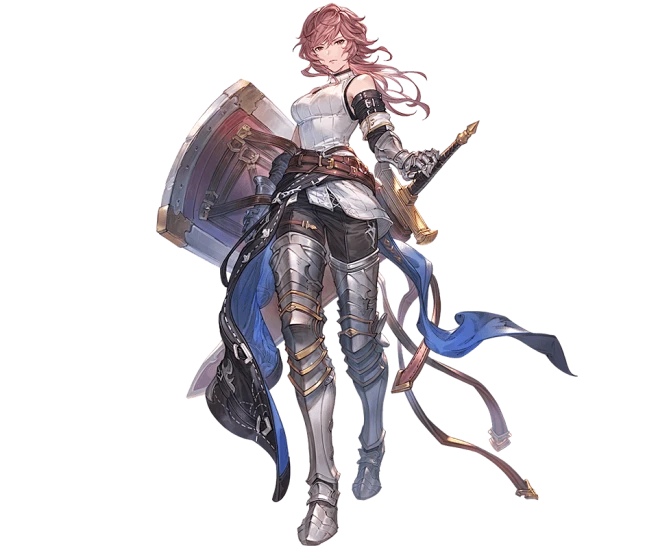 a female character in a video game, wearing white and blue armor, holding a sword and shield.