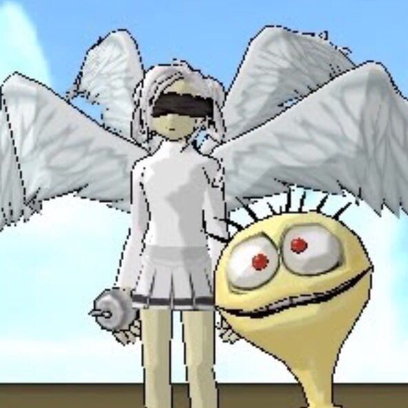 a cartoon girl wearing a white dress and a pair of white wings smiles and stands next to a cartoon yellow creature with a wide smile. the girl has black hair and black blindfold over her eyes. the girl's wings are slightly transparent. the creature has two red eyes and a happy expression. the image looks like a 3d digital illustration.