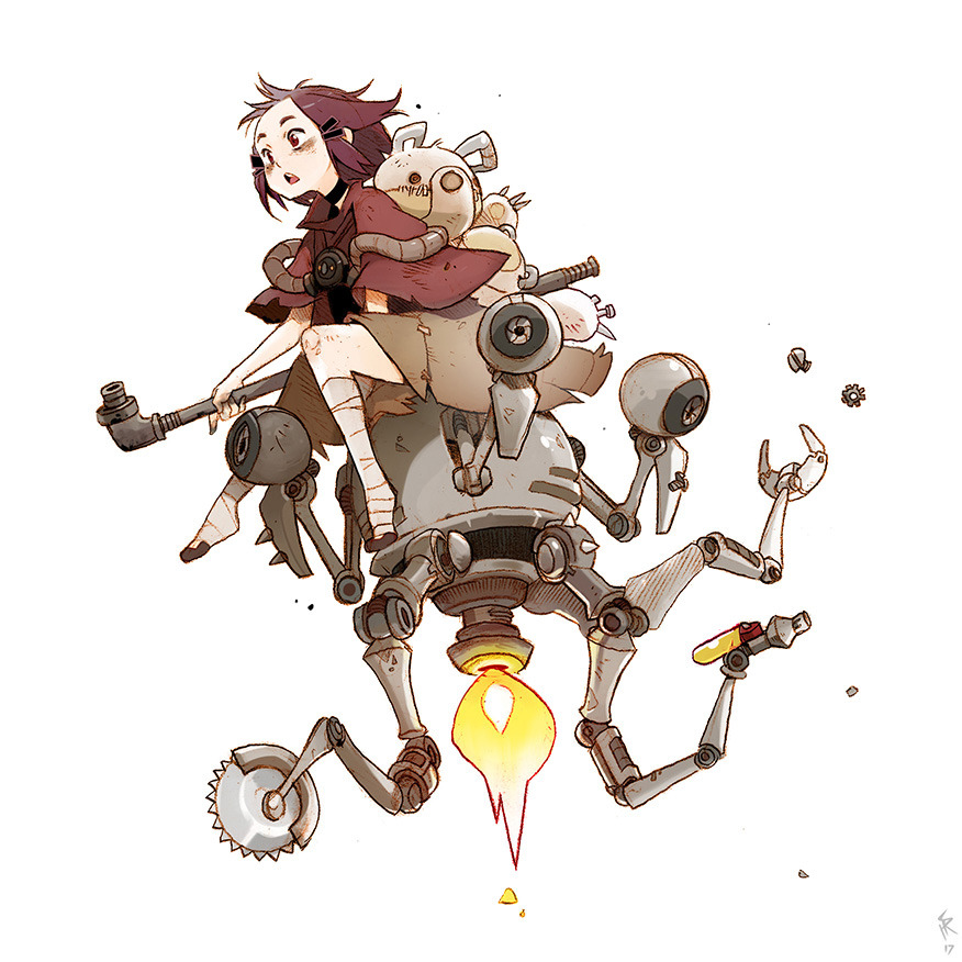 a young girl with short dark hair and bandages on her legs rides a makeshift, flamepowered robot. she clutches a worn teddy bear and wears a red cloak over a tattered dress. the robot, cobbled together from scrap metal, has multiple arms and legs, some ending in tools like circular saws and wrenches. a single, sputtering flame propels them through the air. the overall style is cartoonish with exaggerated features and muted colors.