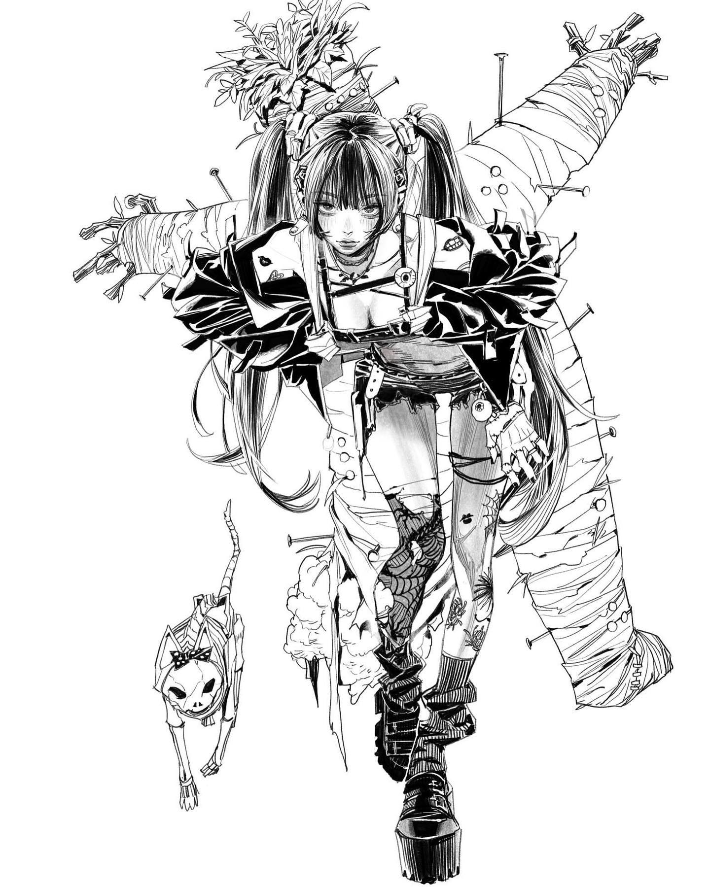 the image is a black and white illustration or drawing of an animestyle girl. she has long hair styled in pigtails, dark clothing, and heavy boots. she appears to be standing on or near a wrapped, bandaged figure, possibly a scarecrow or mummy, which has nails protruding from it. a small skeletal cat is walking in front of the girl. the style of the artwork is detailed and intricate, using heavy lines and shading to create a dark and slightly gothic or punk aesthetic. the overall impression is one of darkness, mystery, and a slightly macabre style.