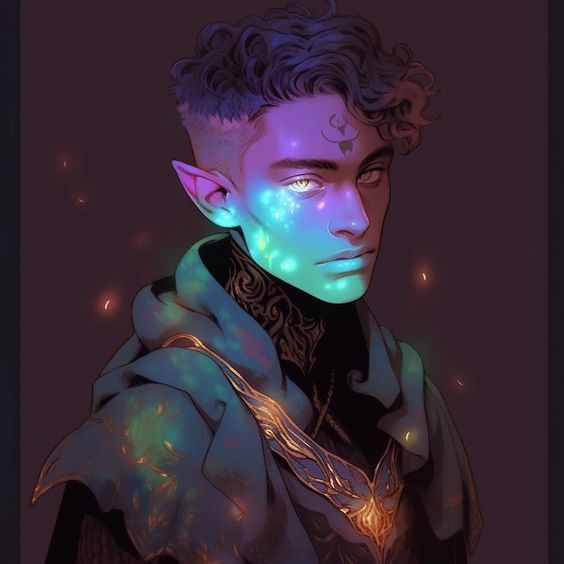 the image showcases a digital painting of a young male elf with elaborate, glowing tattoos. he has pointed ears, a shaved undercut with curly hair on top, and piercing gaze. the elf wears an ornate golden chest piece over a dark teal cloak, hinting at a noble or powerful background. the lighting is dramatic and ethereal, emphasizing the otherworldly nature of the character.  the overall aesthetic leans heavily into fantasy art.