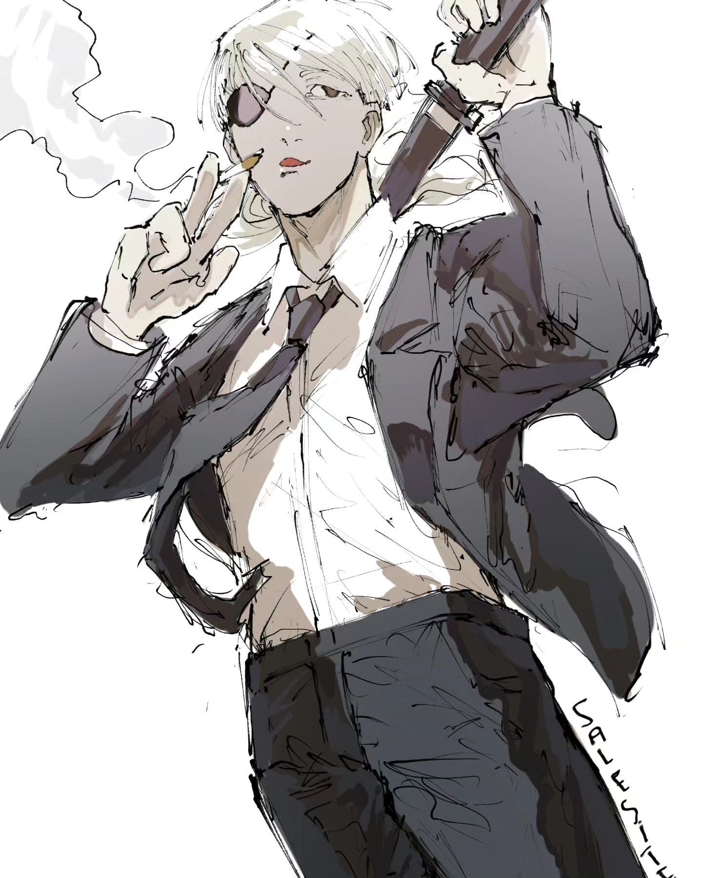 a sketch of a male anime character with white hair, wearing a suit and tie. he has an eyepatch over his left eye and is holding a cigarette in his right hand. he is also holding a katana in his right hand. the character is drawn in a black and white style. there are smoke lines coming out of his mouth.  there are several grey lines around the image.