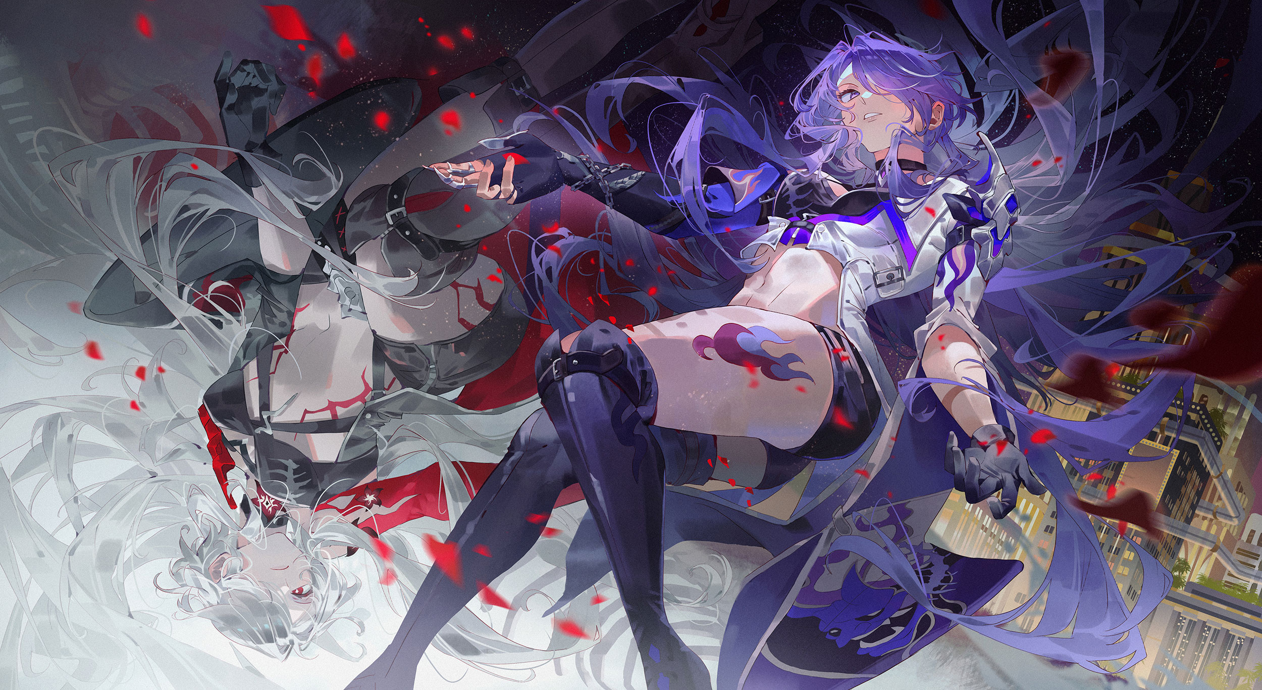 two anime girls, one with white hair and the other with purple hair, are standing in a city at night. the girl with white hair is wearing a black outfit and black boots, while the girl with purple hair is wearing a white outfit and purple boots. there are red petals falling from the sky.  the image is created in a digital art style and is full of vibrant colors.