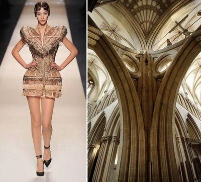this image is a split image showing a fashion model on a runway wearing a golden dress and an interior view of a gothic cathedral, both of the images have the same pattern, the fashion model's dress and the cathedral's interior. the model is wearing a dress that is decorated with a pattern that is similar to the stonework of the cathedral, which is created in a manner that makes the image look like the fashion model is standing inside the cathedral.