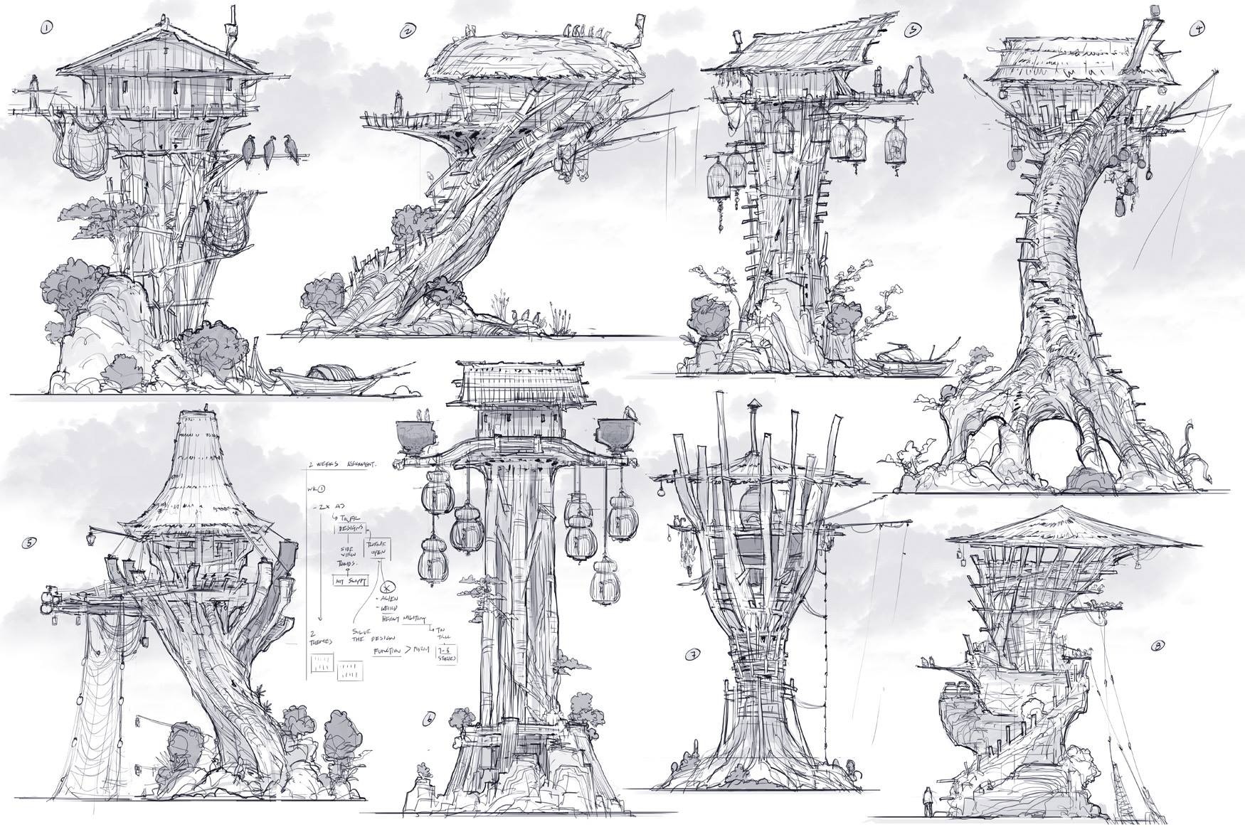 this is a page of sketches showing different treehouse concepts. the treehouses are all built on top of large trees. most of the trees grow in water.