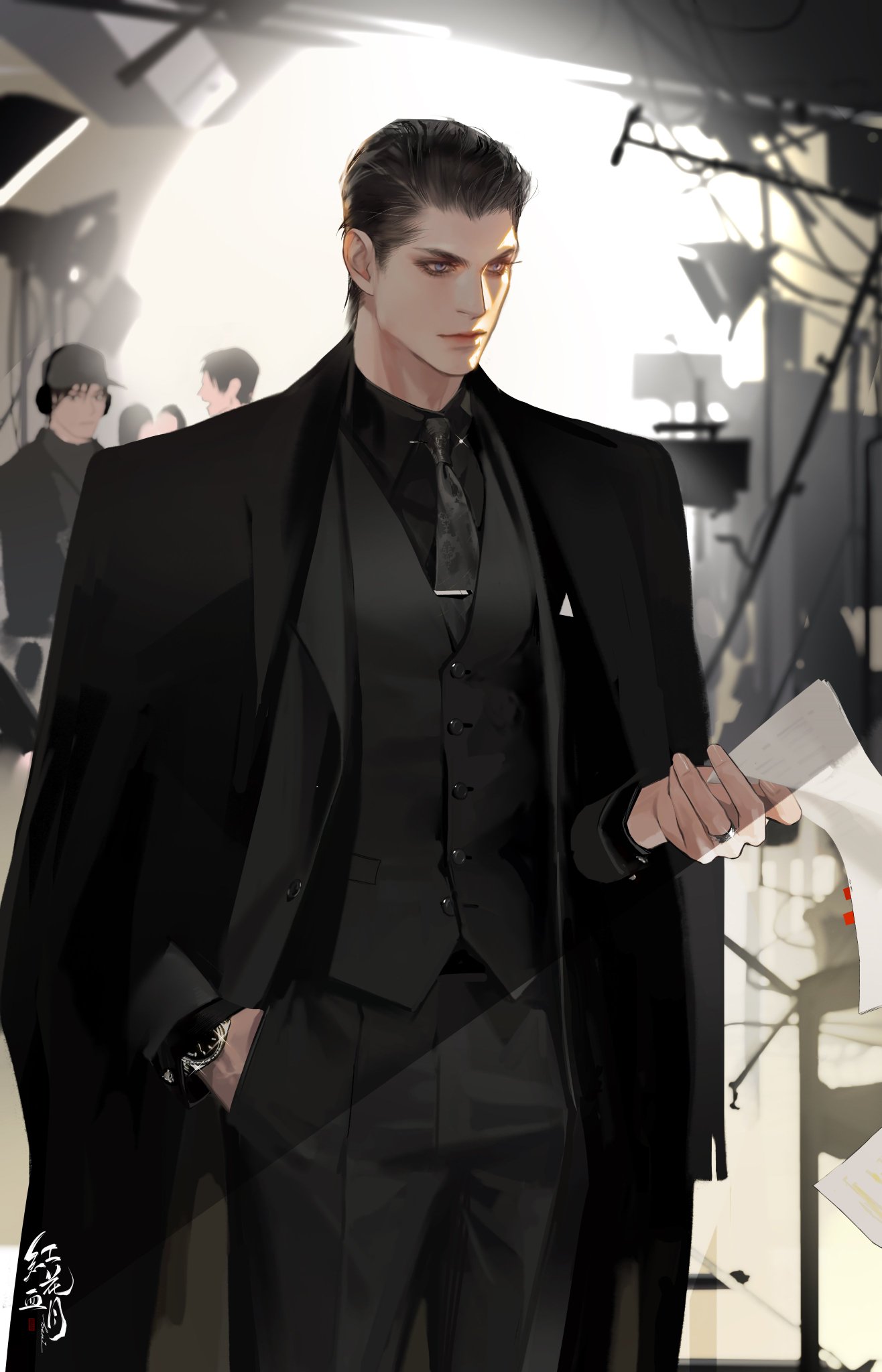 this is a digital illustration of a handsome man wearing a black suit, vest, and tie. he is standing in an indoor setting,  holding a piece of paper,  and looking down. the illustration is done in a  manga style, with dark colors and a focus on detail. the man appears to be serious and formal.