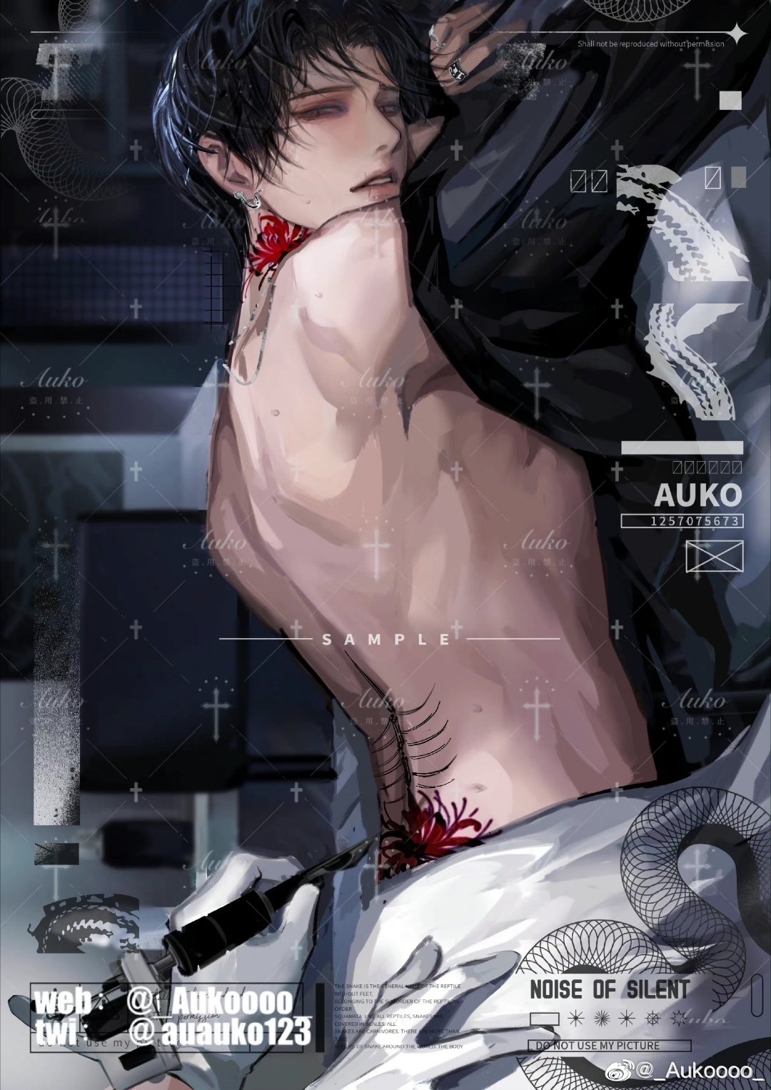 the illustration features a young man with black hair styled in an undercut. he is facing away from the viewer, showcasing his bare back adorned with intricate red tattoos of flowers and thorns.  a black choker with a single red rose adds to his alluring appearance. he wears a partially unbuttoned white shirt and white gloves, further emphasizing the contrast between darkness and light. the background is an abstract composition of black, white, and gray geometric shapes, adding a modern and edgy feel. the overall mood is sensual, mysterious, and captivating.
