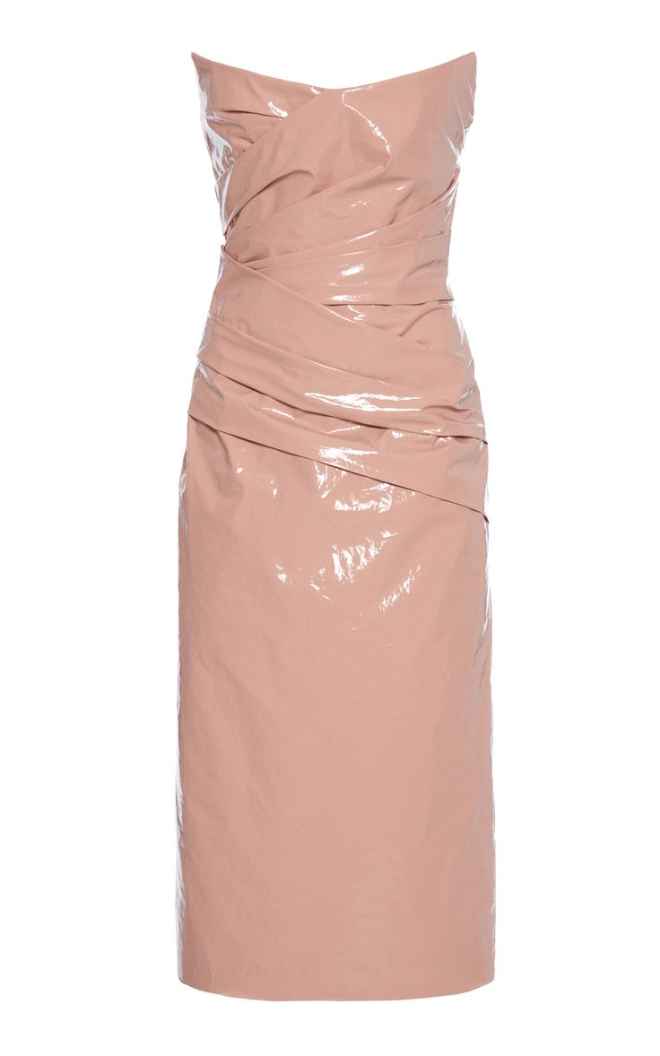 a pink vinyl strapless midi dress with a ruched bodice and a fitted skirt. the dress is shiny and has a cocktail or evening wear feel.