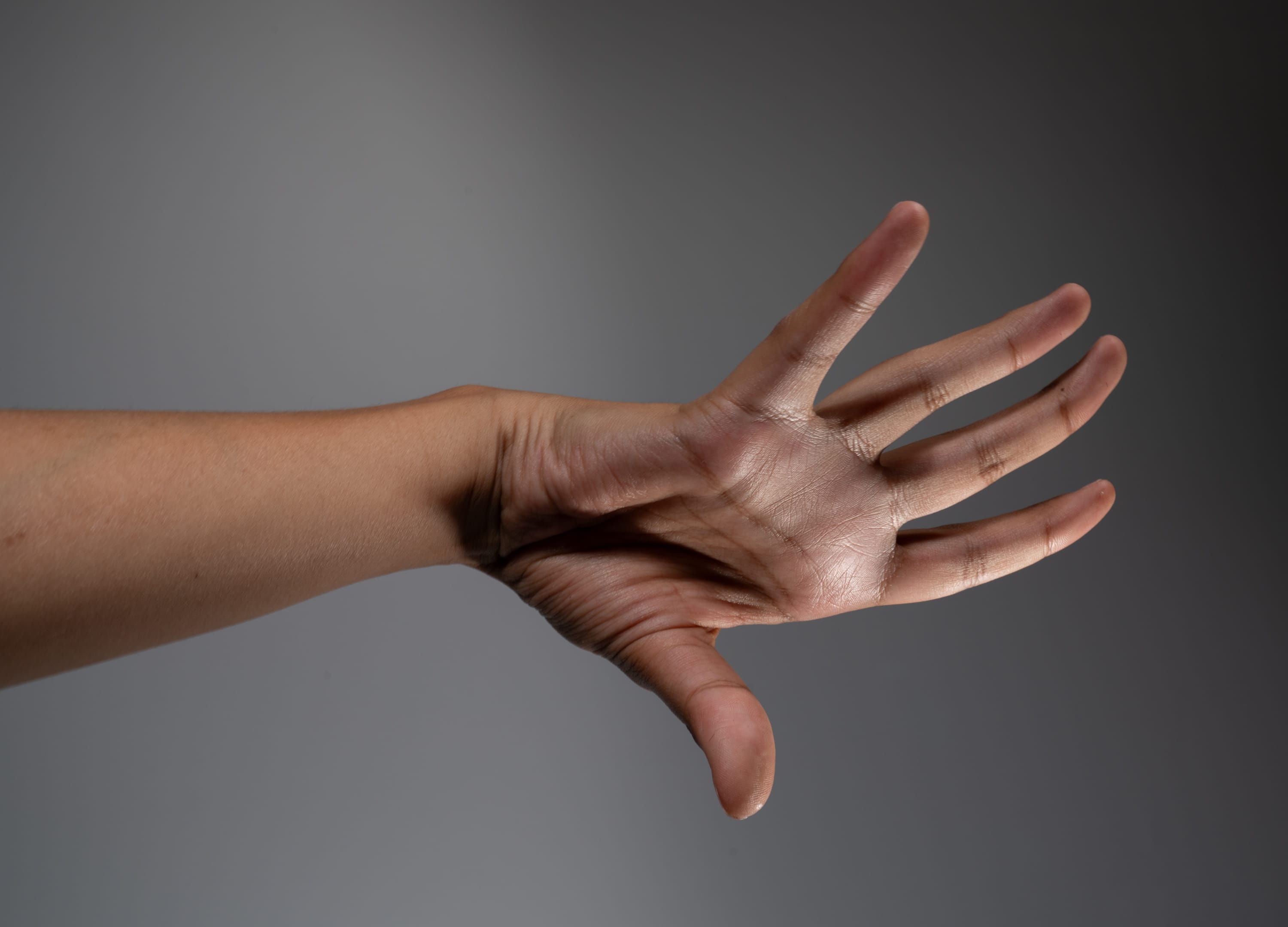 an image of a left hand with the palm facing the camera. the hand is extended forward, with the fingers spread apart. the image is taken against a gray background. the hand is illuminated by studio lighting, which creates a bright and even light. the image is taken from a side view, showing the side of the hand and arm.