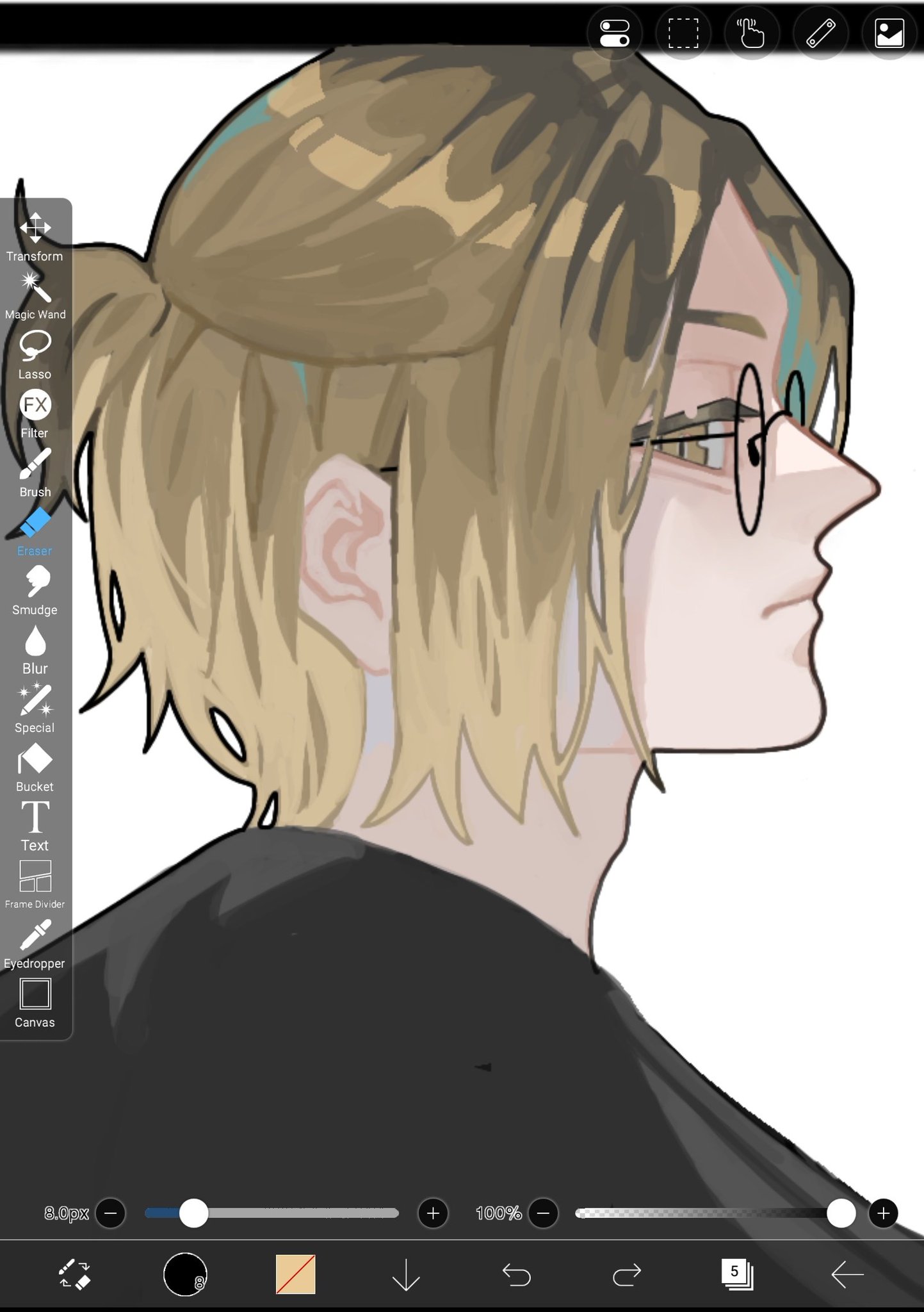 a digital drawing of an anime character with blonde hair, wearing glasses. they are looking to the right of the frame and have a side profile. the background is white, and they are wearing a black jacket.