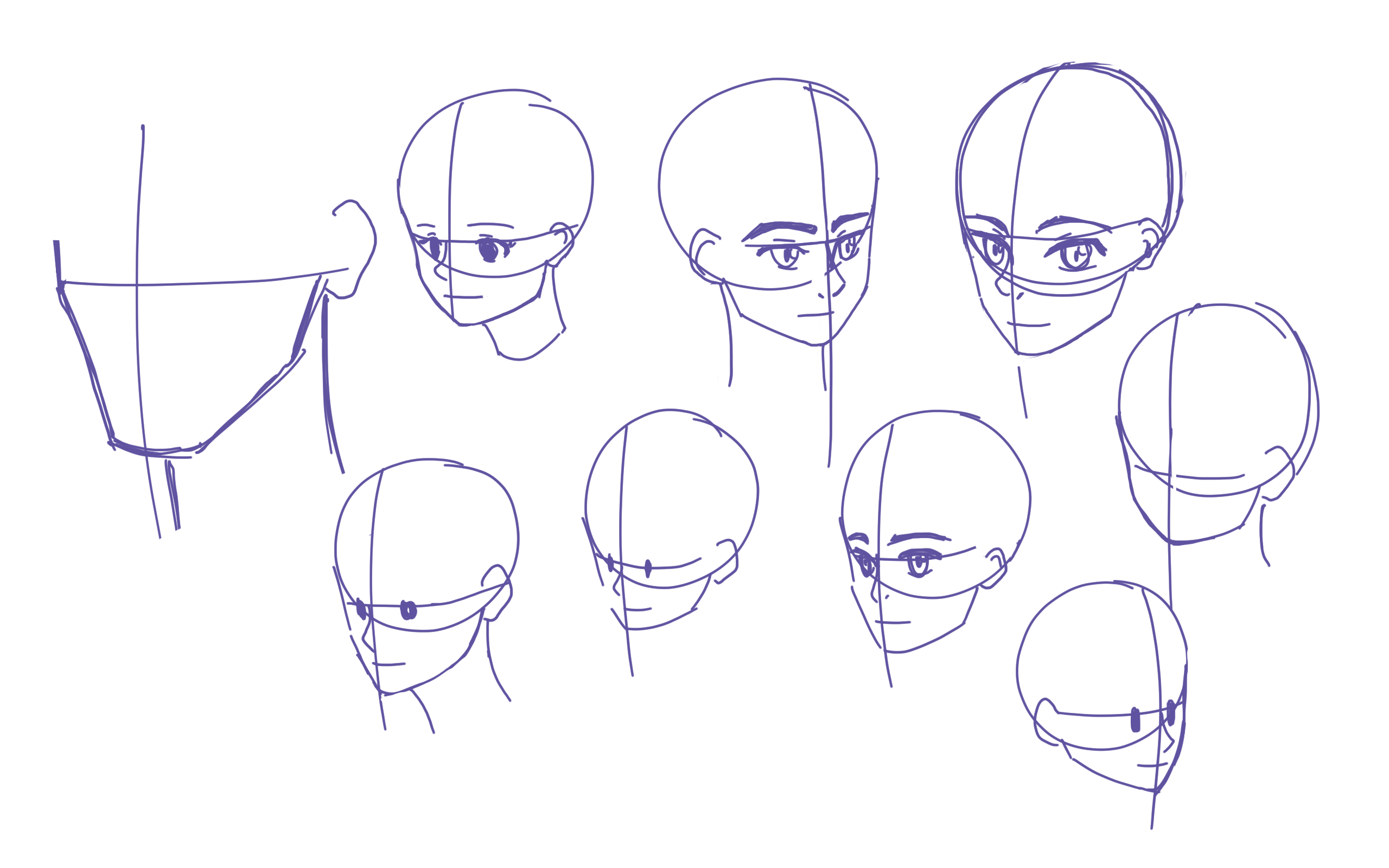 he image contains multiple sketches of animestyle heads in various angles, including profile, front, and threequarter views.  the sketches are primarily purple lines on a white background.  basic construction lines are visible in many of the drawings to illustrate the underlying structure of the head.  the style is simple, focusing on the basic shapes and proportions of the head.  there is also a sketch of a torso/shoulders showing basic construction lines. the sketches are likely part of a drawing tutorial or guide.