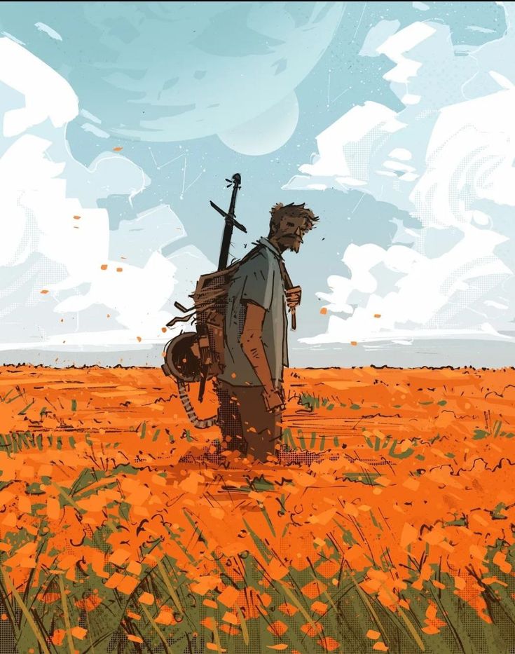 a man with a weathered face and disheveled hair stands amidst a vibrant field of orange flowers, likely poppies. he carries a backpack adorned with miscellaneous items and a sword strapped to its side. the man's gaze is downcast, suggesting a sense of contemplation or perhaps weariness. the vastness of the flower field and the expansive sky above him contribute to a feeling of both solitude and freedom. the overall atmosphere is one of quiet beauty and introspection.