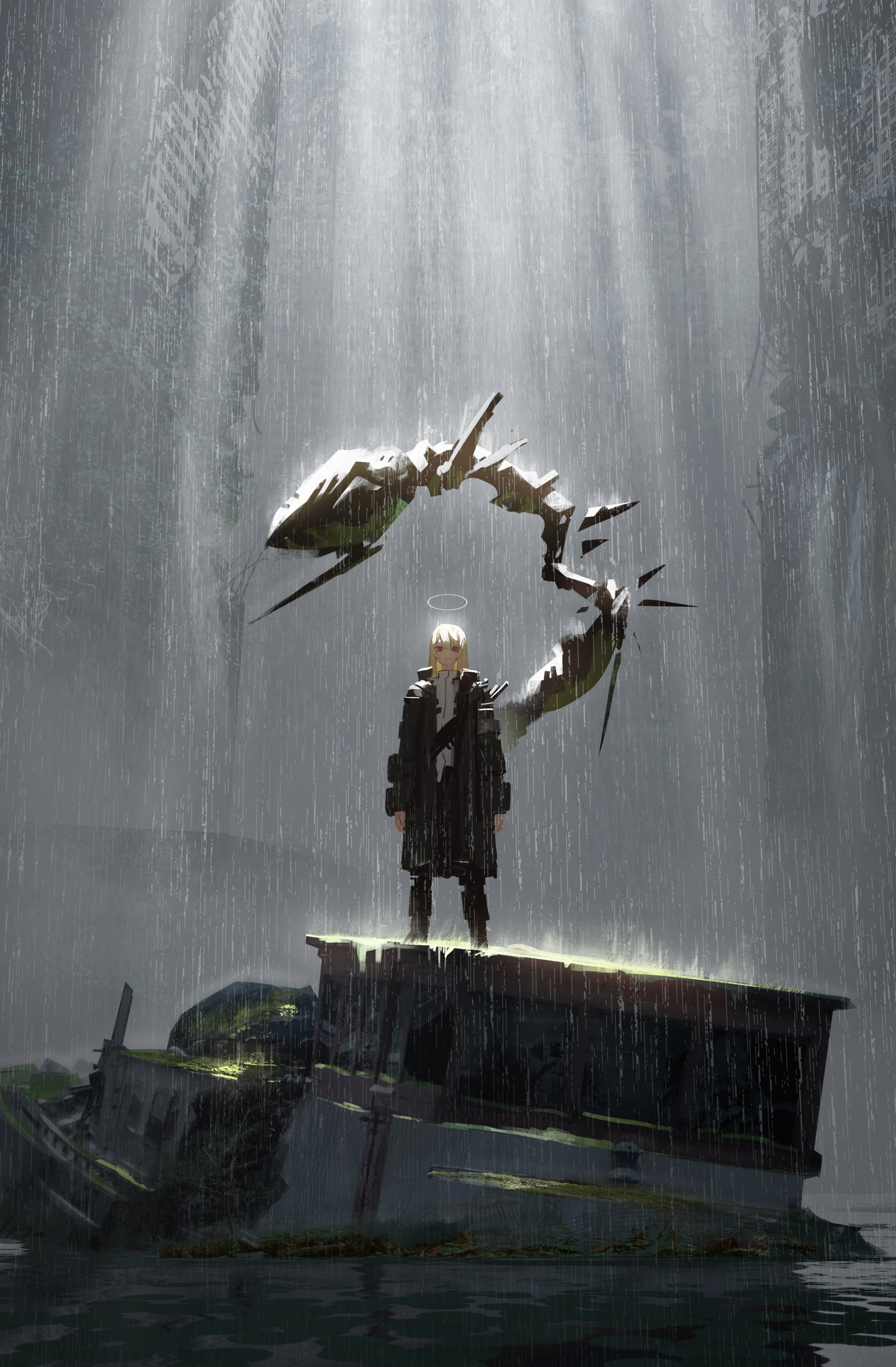 a lone child with short blond hair and dressed in a long black coat stands atop a partially submerged, decaying boat in a flooded forest.  they are illuminated from behind by beams of light piercing through the trees and rain.  hovering behind them is a large, metallic, skeletal, serpentlike creature that vaguely resembles a question mark. the overall atmosphere is somber and melancholic, yet there's a glimmer of ethereal beauty and perhaps even hope.