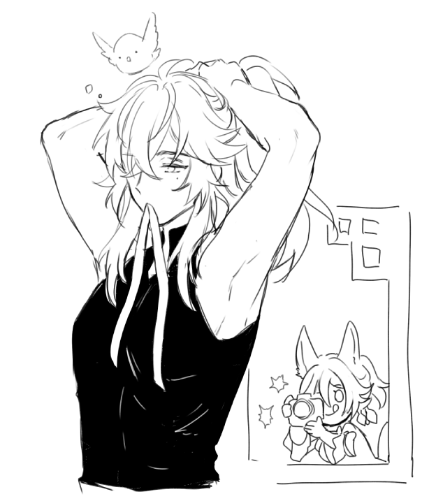 a line drawing of an anime girl fixing her hair. she is wearing a black sleeveless shirt with a white scarf. in the background is a smaller girl with a camera, which is framed as if it is a photograph.