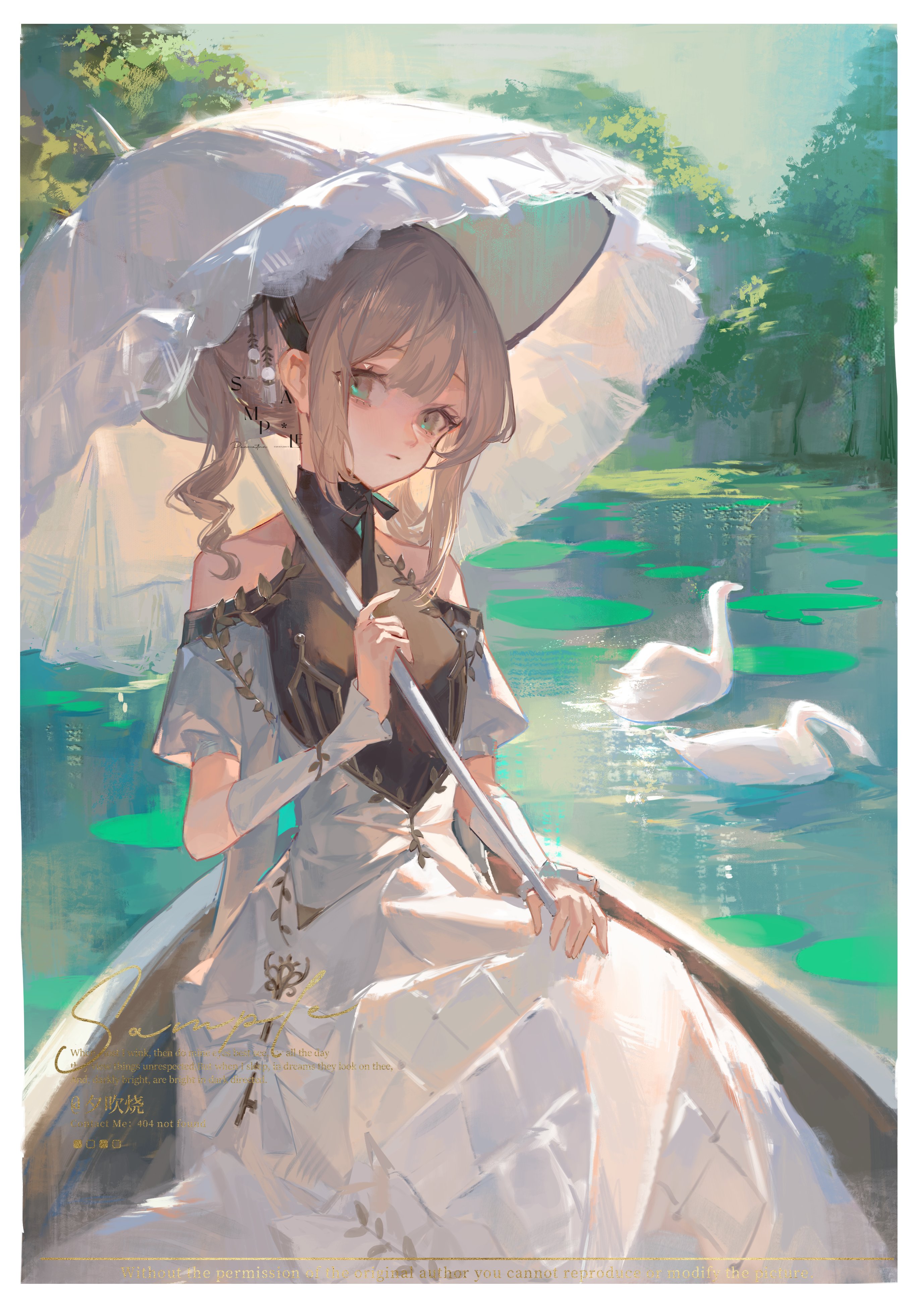 the image is a digital painting of an anime girl sitting in a boat on a lake. she is wearing a long white dress and a parasol. there are swans swimming in the lake. the scenery is peaceful and serene. the art style is beautiful and ethereal.