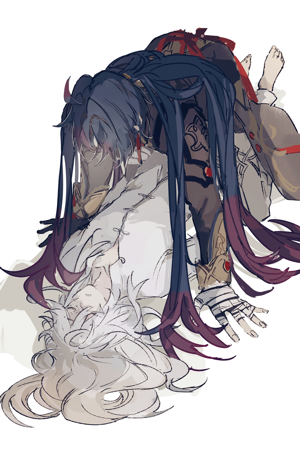 this digital illustration shows two anime characters. the character with long blue hair and a red horn is wearing dark clothing and appears to be leaning over a character with long white hair and a white outfit. the character with the blue hair has one arm wrapped around the character with the white hair, and their hands are clasped together.  the image appears to be a romantic or affectionate interaction between the two characters.