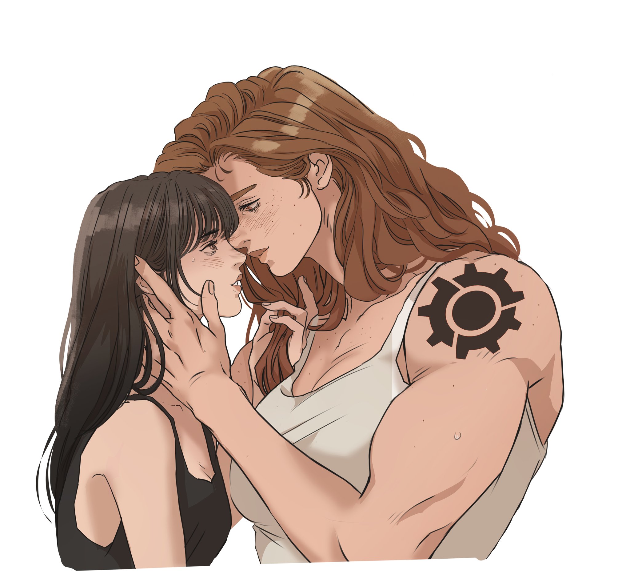two women in a romantic embrace. the woman on the left has black hair and is wearing a black tank top. the woman on the right has brown hair, freckles, is wearing a white tank top and has a tattoo on her arm.