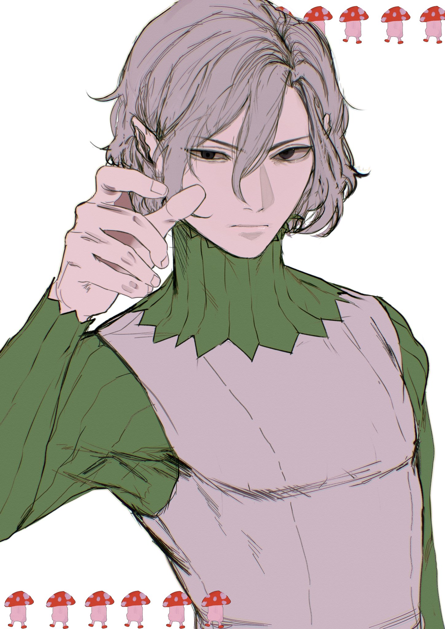 this is a digital art piece of a young anime male character. he has white hair and is wearing a green shirt with a white collar. he is smiling and pointing with his right hand. the background has red and white mushrooms, and the art style is similar to manga or anime.