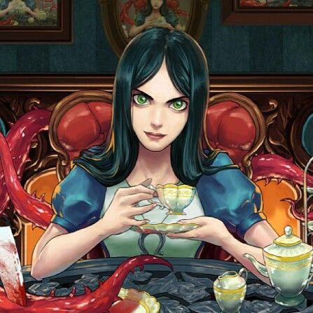 alice is sitting at a tea party, but something is not right. the table is covered in red, and there are creepy tentacles wrapped around the chairs. alice looks like she is enjoying the tea, but there is a dark and unsettling mood to the image. it is a nightmarish and surreal vision of a beloved classic.