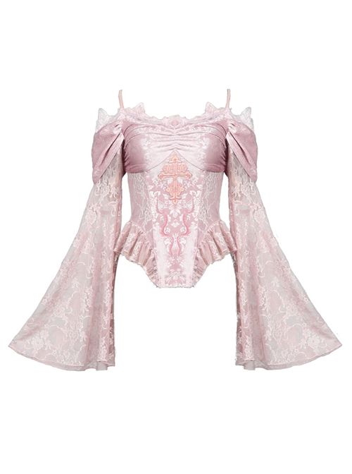 a pink, offtheshoulder corset top with bell sleeves and lace detailing. the top is made of a velvetlike fabric and features embroidered details on the front.