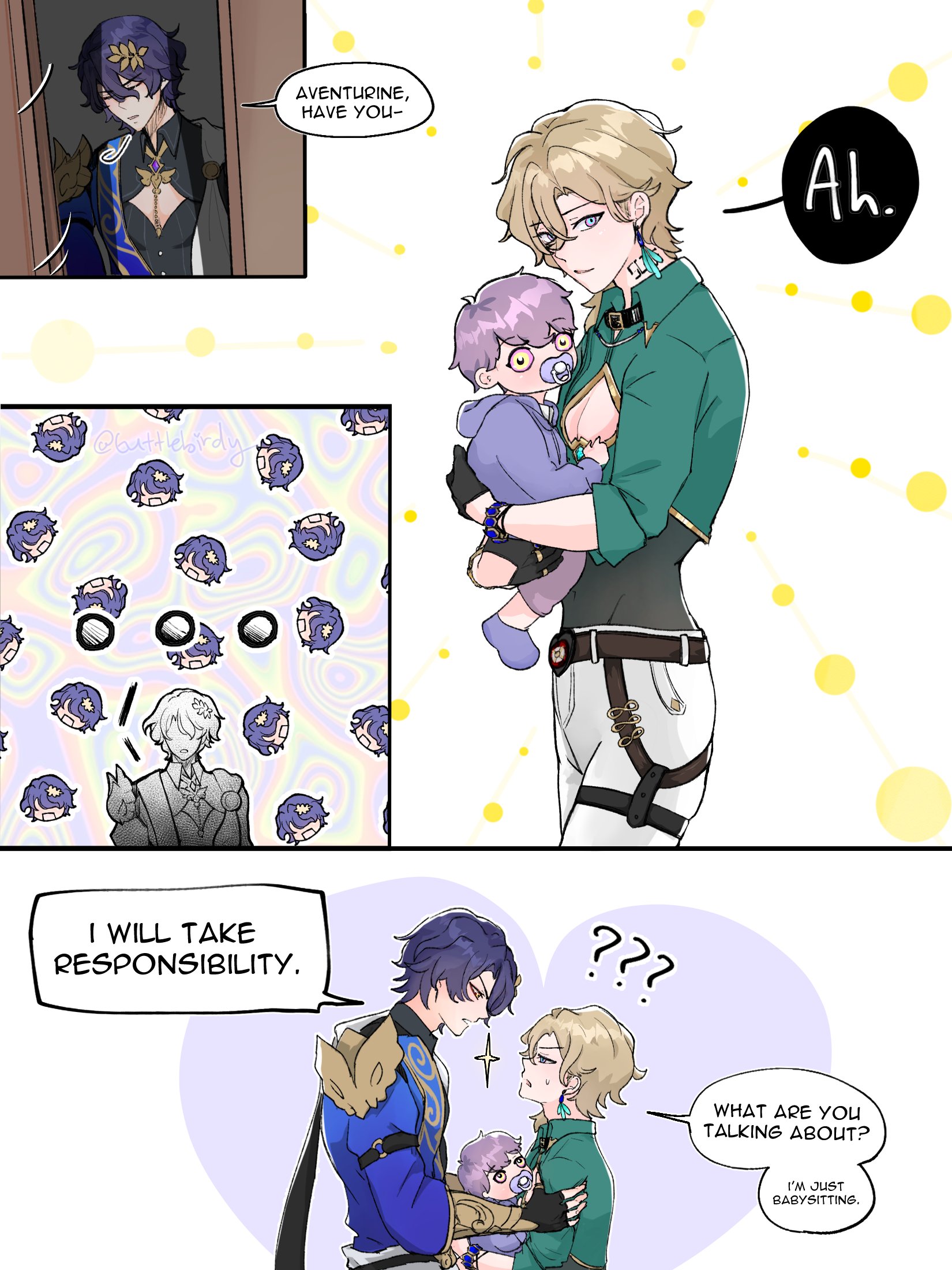 he image is a fourpanel comic strip fanart featuring characters that resemble albedo and itto from the game genshin impact.  the first panel shows a character resembling albedo, seemingly surprised, talking to another character in a doorway. the second panel shows a character resembling itto holding a baby, looking slightly flustered. the third panel has a character resembling itto stating that he will take responsibility. the final panel shows both albedo and ittolike characters, with another smaller baby, and albedolike character playfully questioning ittolike character's statement that he's just babysitting. the style is a cute, chibiesque anime/manga style with light coloring and speech bubbles containing dialogue.  there's a repeating background pattern in panel three. the overall tone is lighthearted and humorous.