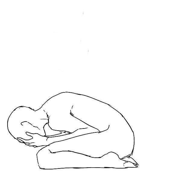a simple black and white line drawing of a person kneeling on the ground with their head down and their arms covering their face. the drawing is minimalist and abstract, focusing on the basic shape and form of the human body.