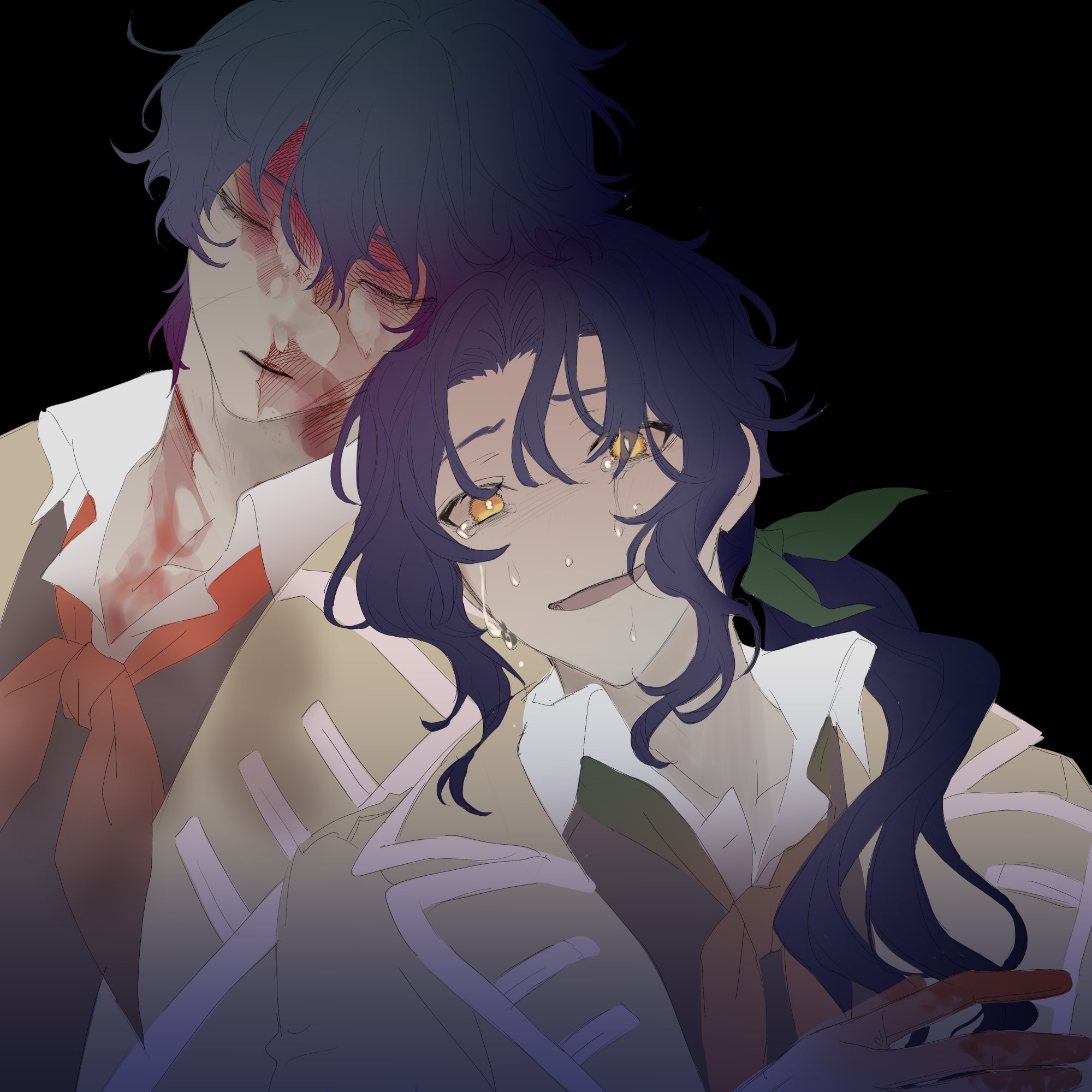this is a digital illustration of two anime characters. they are a man and a woman. the man has blue hair and is wearing a brown coat. the woman has black hair and is wearing a white shirt. the woman is hugging the man from behind and crying. the man is also crying and has blood on his face. the scene is set at night and there are shadows surrounding the characters. it seems like a sad and emotional scene with a strong sense of love and loss.