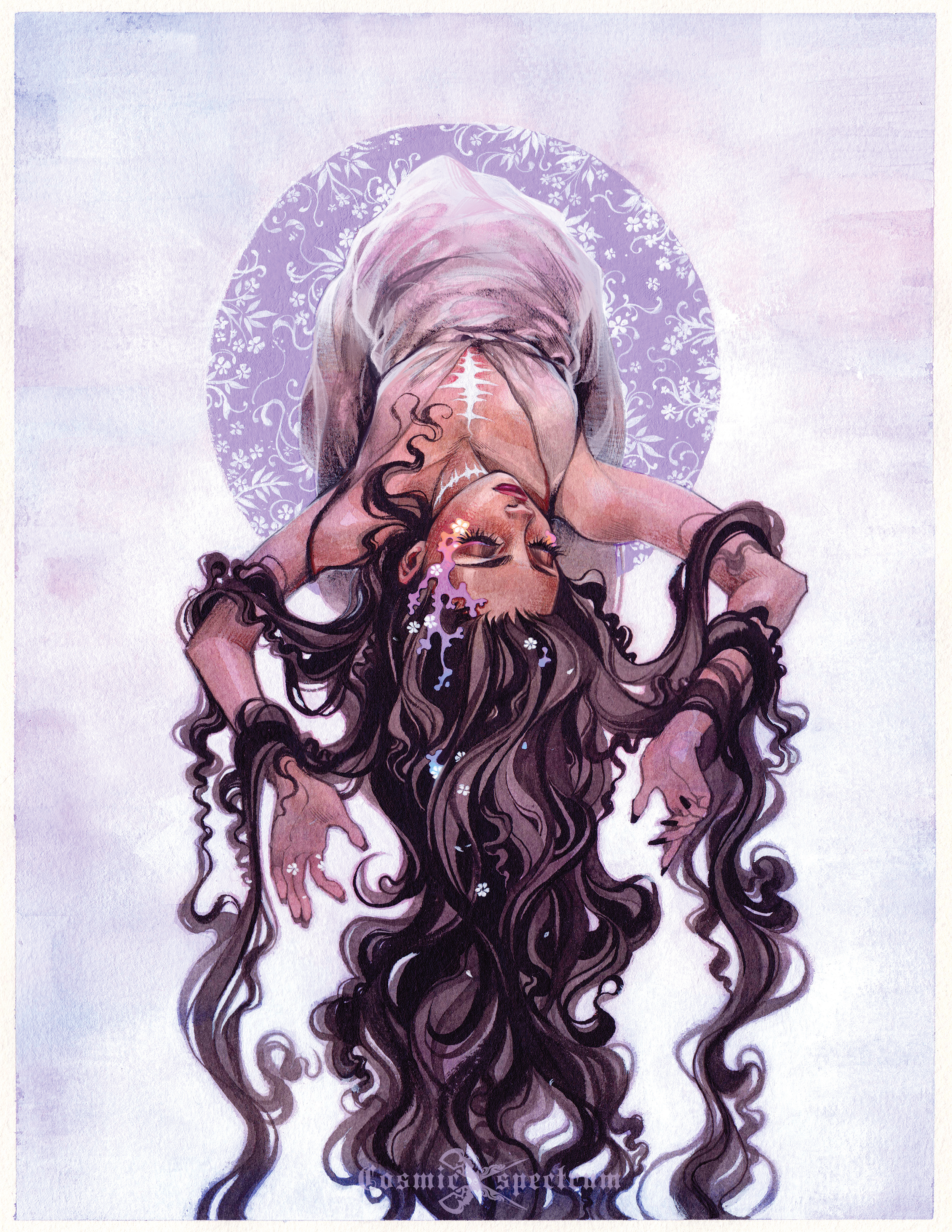 the image is a stunning watercolor painting depicting a young woman with incredibly long, dark, curly hair.  she is depicted upside down, her body forming a graceful arc. she wears a pale lavender or light purple dress, which flows around her. her face is serene and closed eyes.  she appears ethereal and otherworldly, adorned with small, lightcolored flowers both on her skin and woven into her hair.  her hair cascades down around her, creating a dramatic effect that dominates the composition. the background features a muted purple circle with a delicate floral pattern, enhancing the dreamy and mystical quality of the piece.  the overall style is reminiscent of art nouveau with a modern fantasy twist, creating a beautiful, whimsical, and captivating visual narrative.