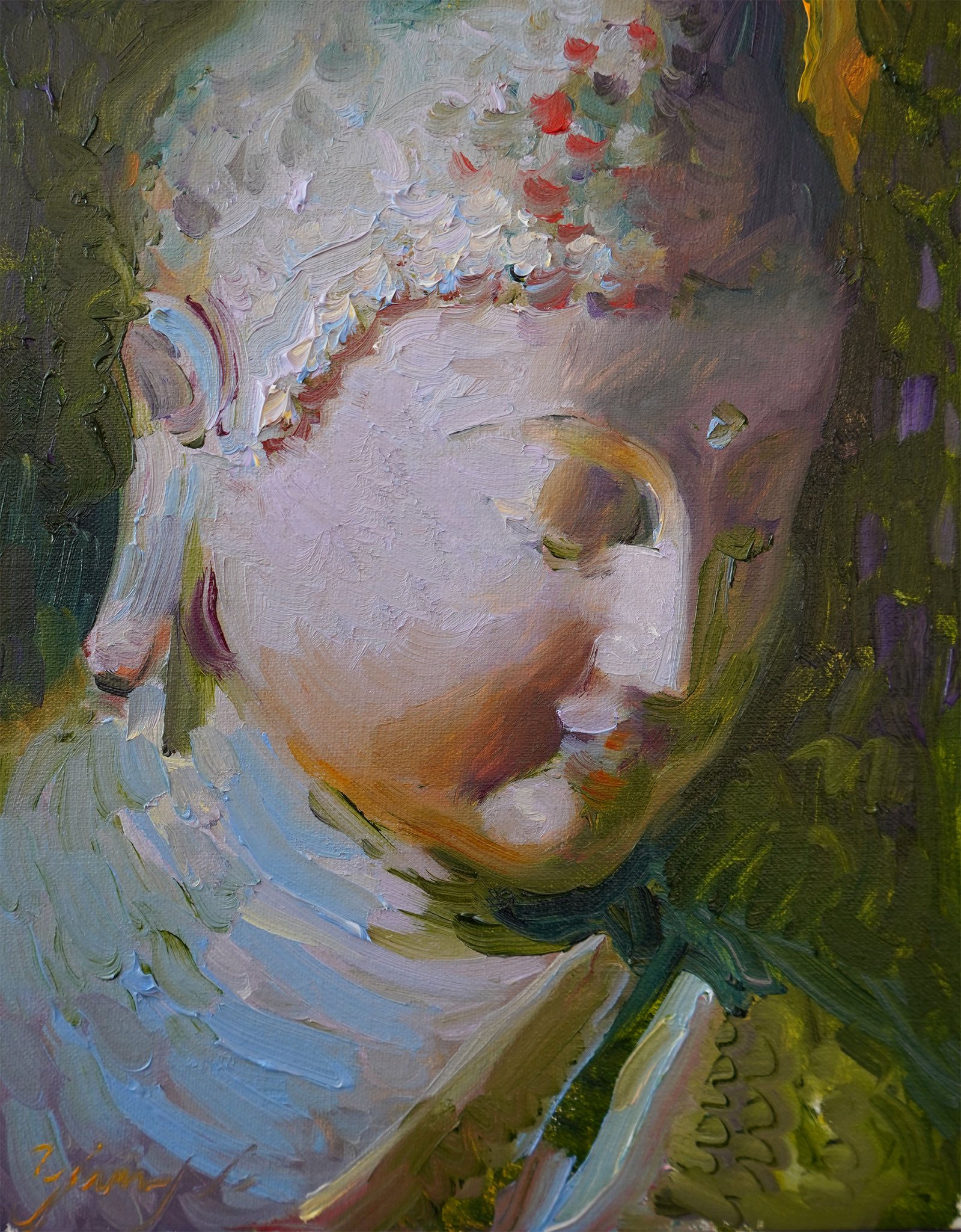 this is an oil painting on canvas of a woman's face with closed eyes. her hair is covered and adorned with red, white, and blue flowers. her face is turned slightly to the right, and the brushstrokes are visible. the background is a mix of blue, green, and purple, which creates a feeling of depth and dimension. the painting is done in an impressionistic style, which gives the subject a dreamy and ethereal quality.
