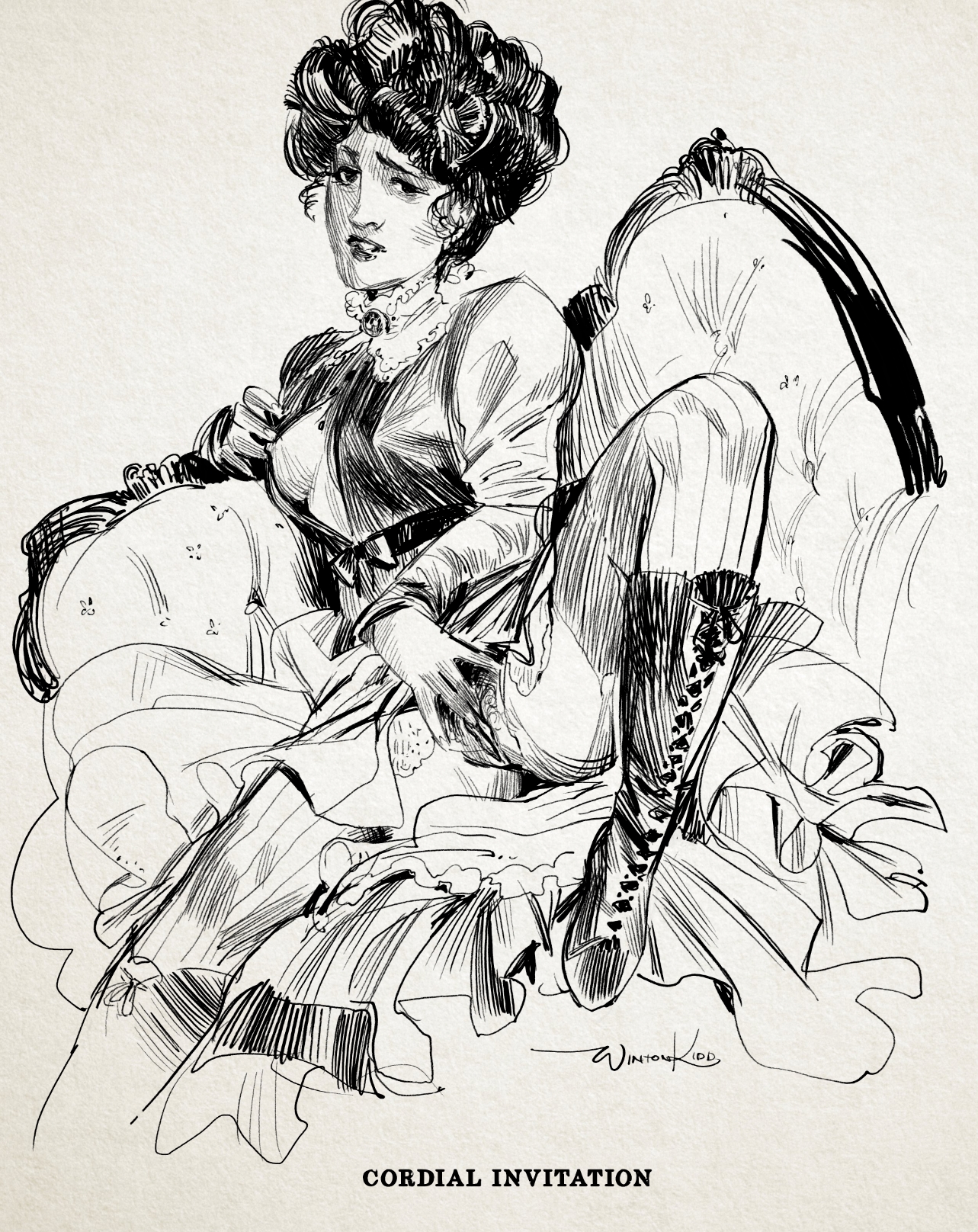 the image is a black and white ink drawing of a woman seated in an armchair. she is dressed in an elegant, periodappropriate outfit suggestive of the late 19th or early 20th century, featuring a highnecked blouse, a dark jacket or bodice, a full skirt, and high laced boots. her hairstyle is typical of the edwardian era. her pose is somewhat suggestive, her hand positioned near her genitals. her expression is pensive and somewhat melancholic.  the style is reminiscent of art nouveau illustrations. the drawing is signed "winton" and titled "cordial invitation" at the bottom. the overall tone is one of subtle sensuality and intrigue.