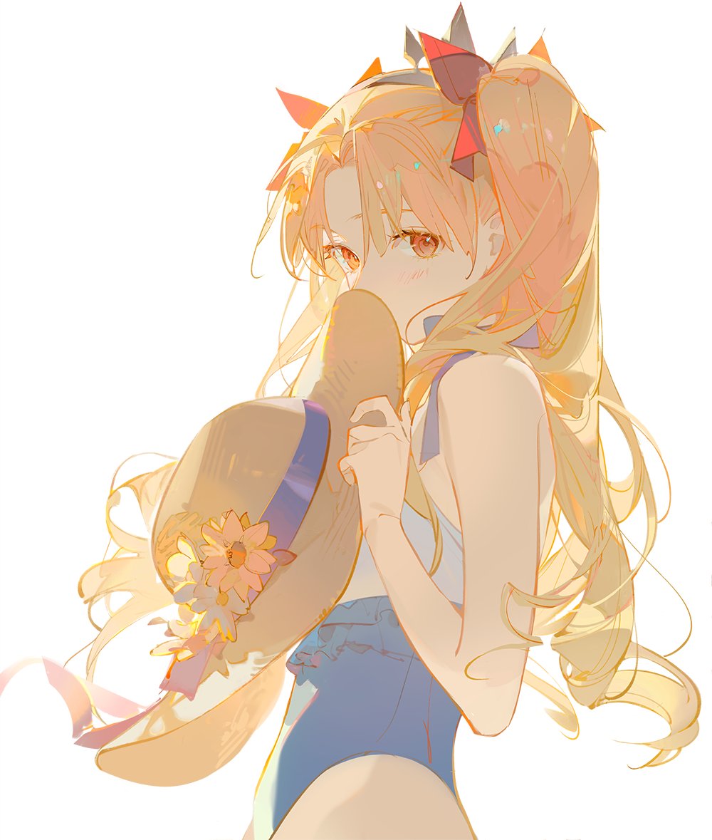 an animestyle image shows a blonde girl with red eyes wearing a light blue swimsuit. she has her hair in pigtails with a ribbon and is holding a straw hat decorated with a flower in front of her face, partially obscuring it. she looks shy and is positioned against a bright, white background.