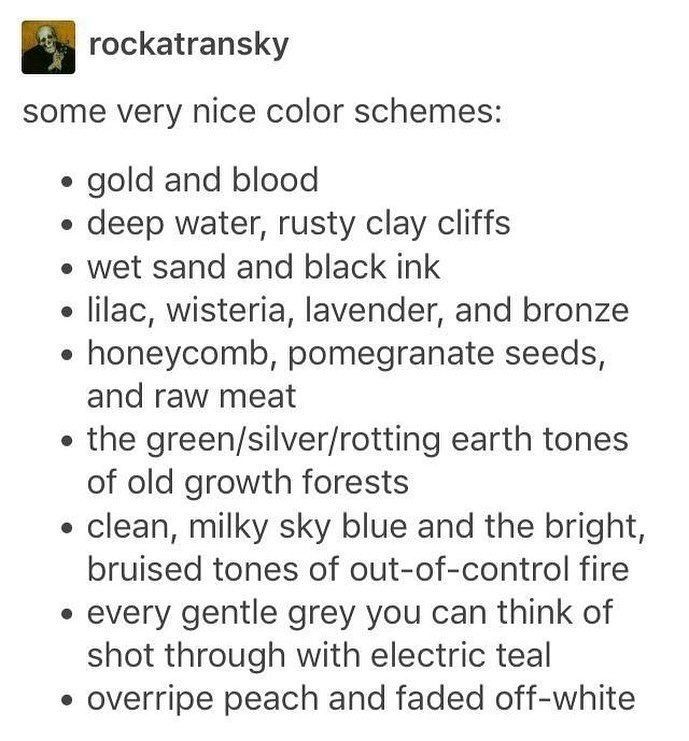 the image is a screenshot of a tumblr post by the user "rockatransky". the post lists various color schemes with descriptions such as "gold and blood", "deep water, rusty clay cliffs", and "wet sand and black ink". the list continues with more abstract and evocative combinations.
