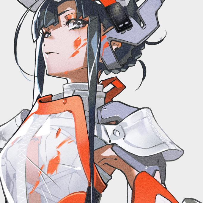 a closeup illustration features a female character with black hair and striking orange and white armor. there are splatters of blood on her face and chest, suggesting recent combat. she exudes an air of determination despite potential injuries.  her attire and the overall aesthetic hint at a cyberpunk or futuristic setting.