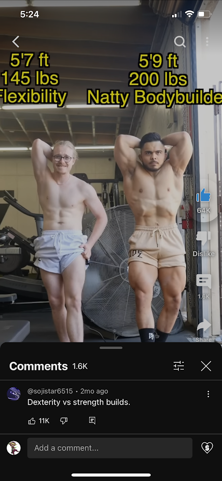two men are in the gym, one is short and lean while the other one is tall and muscular. the text on the screen indicates the height and weight for each man. the text also highlights the body building technique they are practicing. one is following a flexibility program and the other one is following a strength building program.