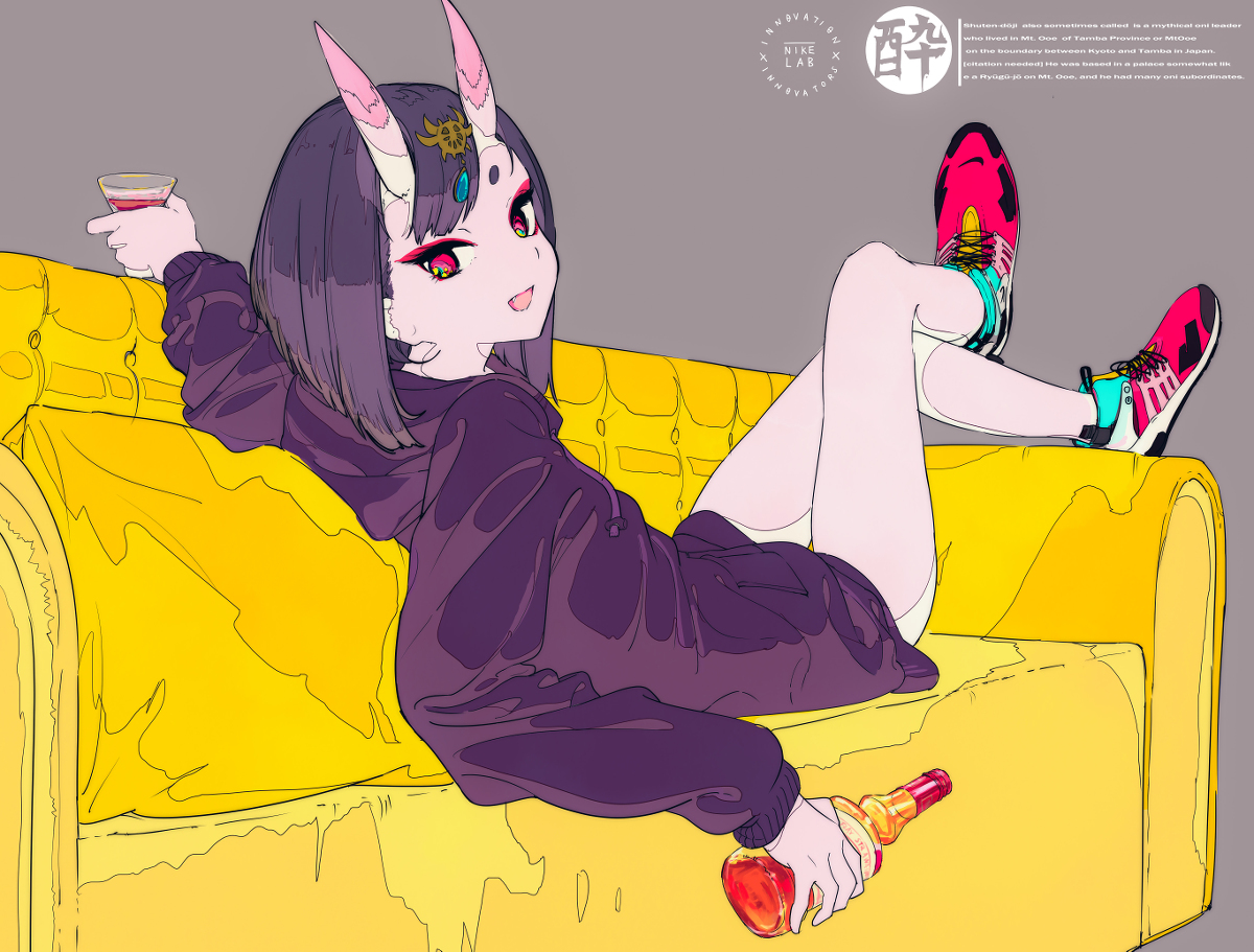 the image is a vibrant digital illustration of an anime girl with oni horns. she's wearing a purple hoodie and nike shoes, relaxing on a yellow couch with her legs up. she's holding a small glass of what appears to be a drink in one hand and a bottle in the other. the style is bold and colorful, with a distinct line art quality. the background is a simple gray, allowing the character and her surroundings to pop. the overall mood is casual and relaxed.