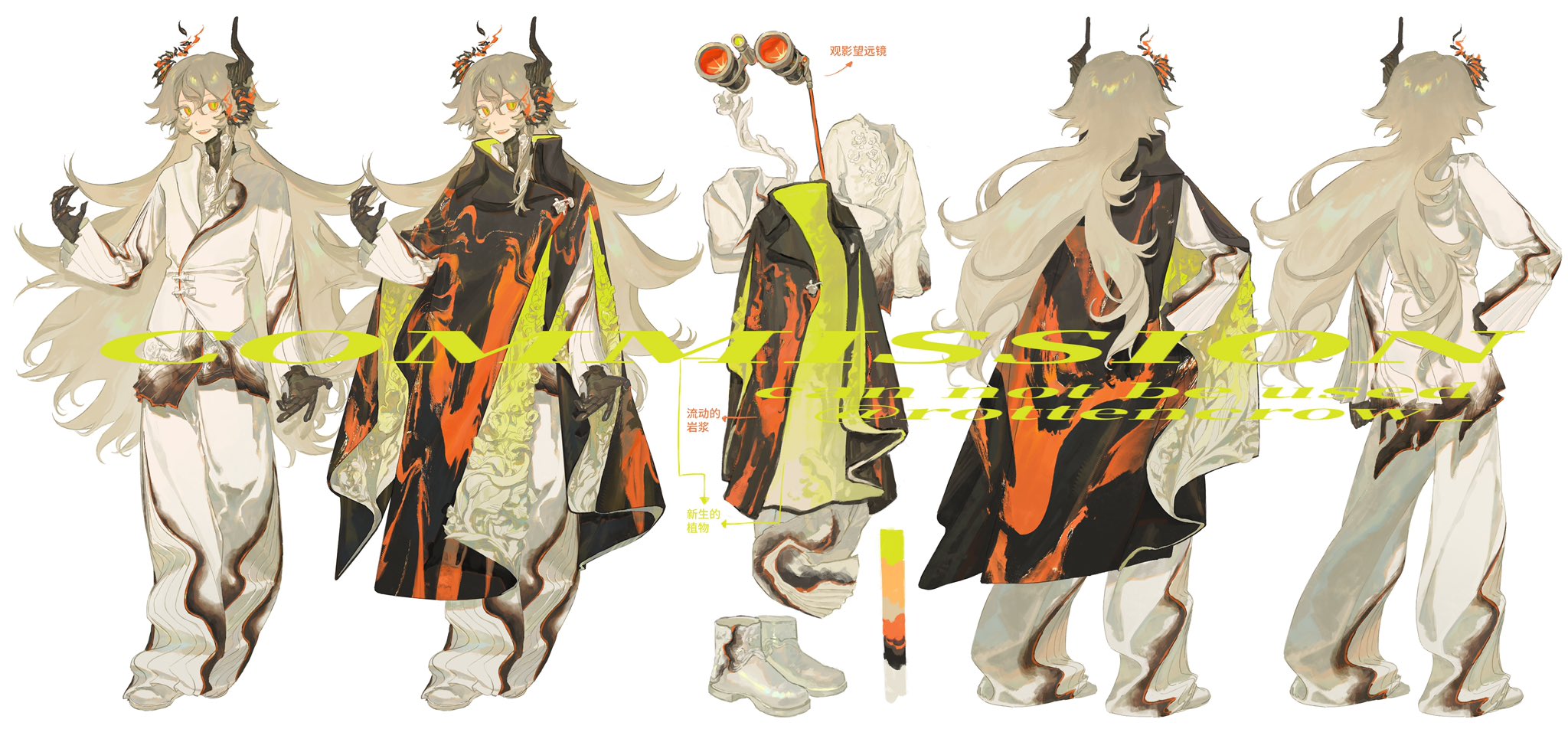 the image showcases a digital illustration of an anime character. there are four different designs of this character. they all have long flowing white hair and dark eyes. the character is depicted in various poses and with a variety of outfits and accessories. the outfits are characterized by a mix of white, black, orange, and yellow colors. the character also wears accessories such as eyeglasses, gloves, and boots.