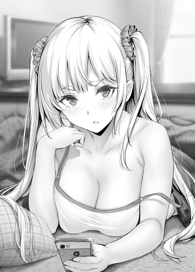 the image depicts a grayscale animestyle illustration of a young woman with long, blonde twintails. she is lying on a bed, looking down at a smartphone she's holding.  she's wearing a lightcolored tank top, and her expression is one of quiet contemplation or perhaps slight shyness. the setting appears to be a bedroom, with a suggestion of bedding and possibly a computer monitor in the background. the style is suggestive but not explicit. the overall aesthetic is reminiscent of manga or anime artwork.