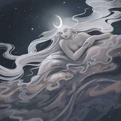 a paleskinned woman with long, flowing white hair is lying on clouds. she is wearing a white dress and has a crescent moon on her forehead. the background is a dark blue sky with white stars. the overall palette is muted blues and grays with a touch of gold.